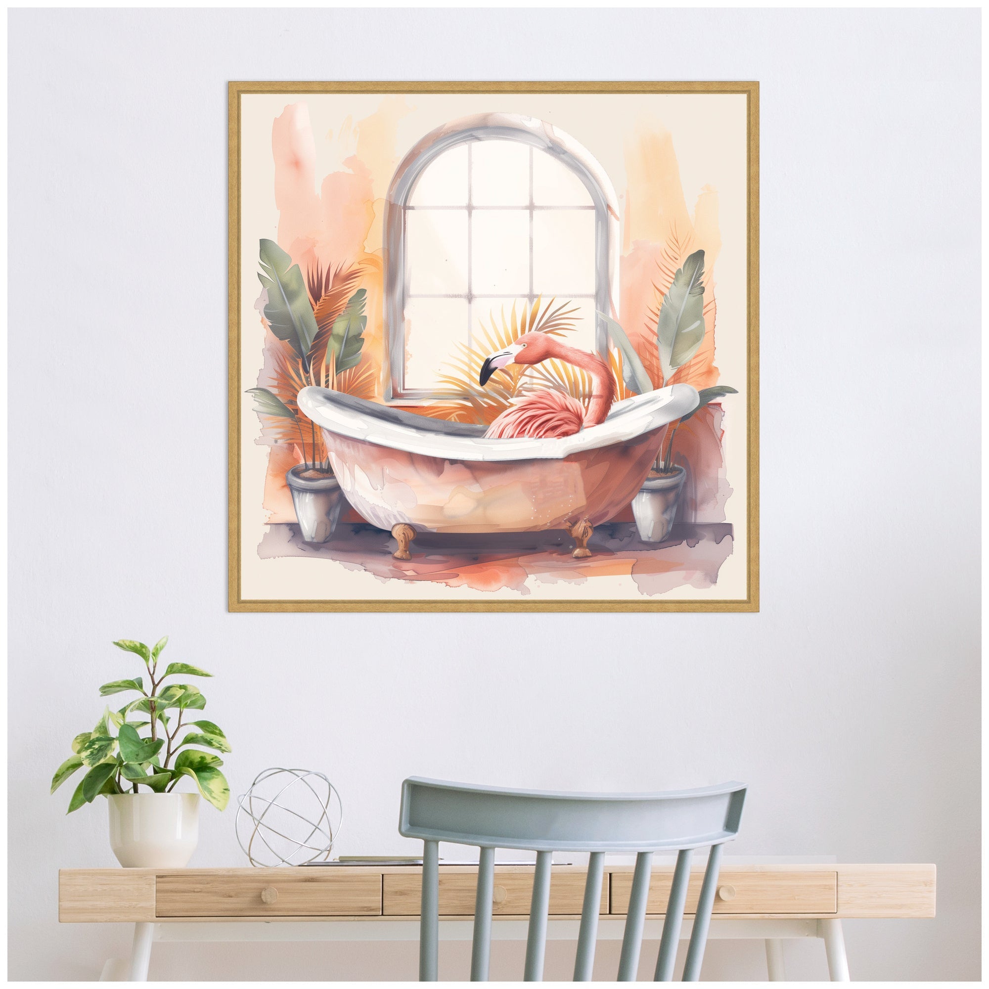 Sylvie Flamingo Bath Pastel Tropical Bathroom Watercolor Framed Canvas by The Creative Bunch Studio