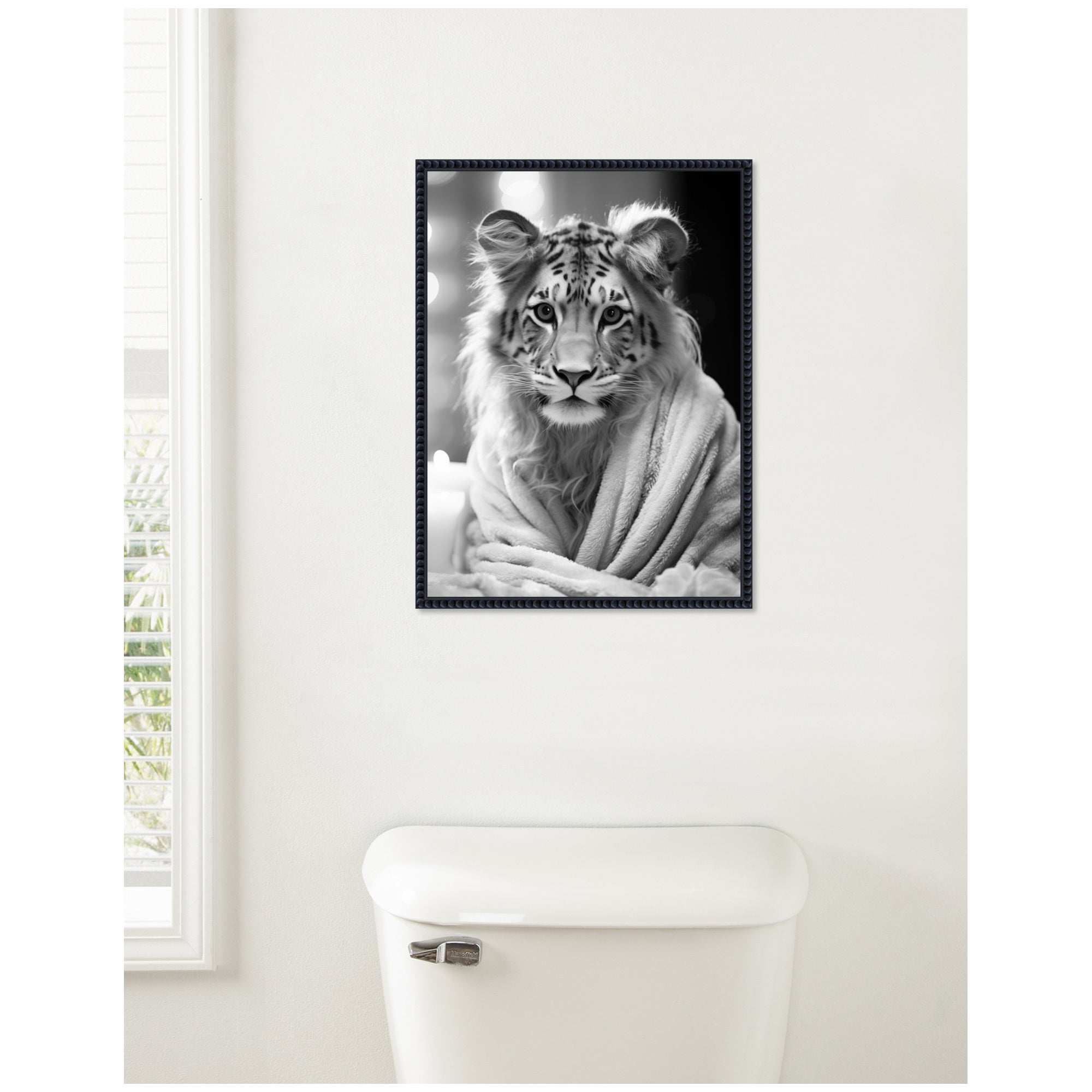 Sylvie Tiger Glam Bathroom Towel Robe Black and White Framed Canvas by The Creative Bunch Studio