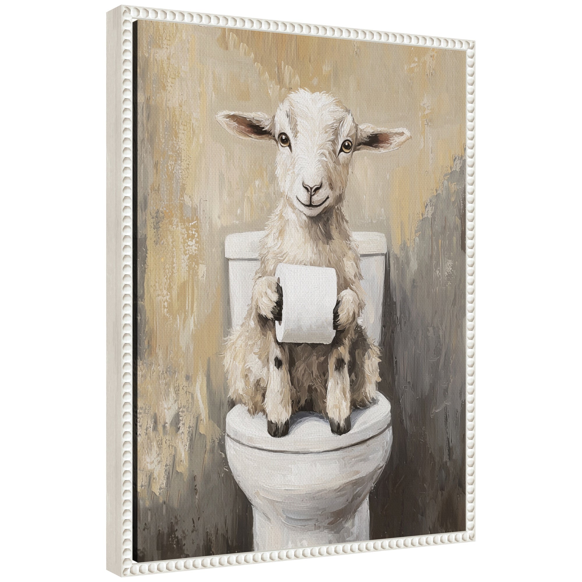 Sylvie Goat Holding Toilet Paper Roll Toilet Bathroom Art Framed Canvas by The Creative Bunch Studio