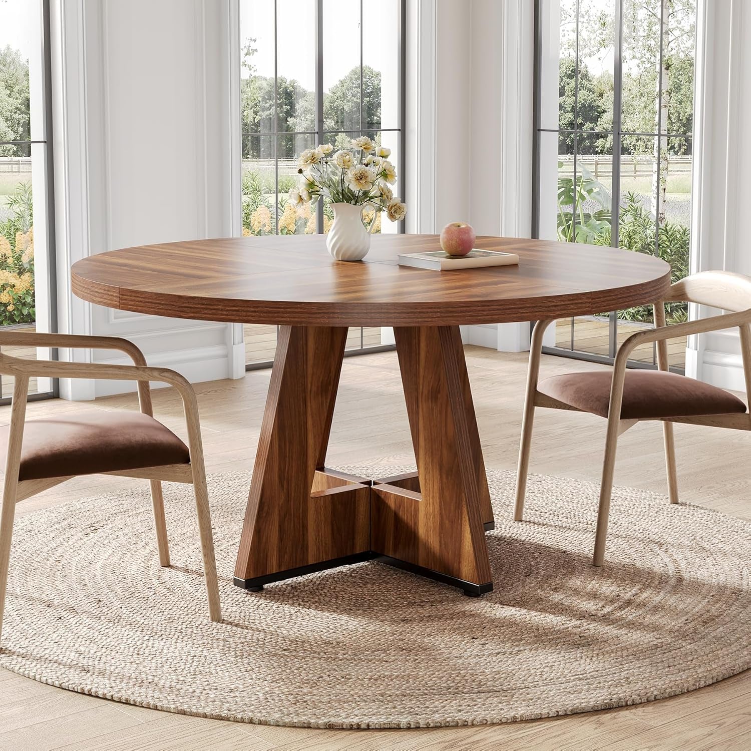 Round Dining Table 47 Inch Brown Finish Seats 4 To 6