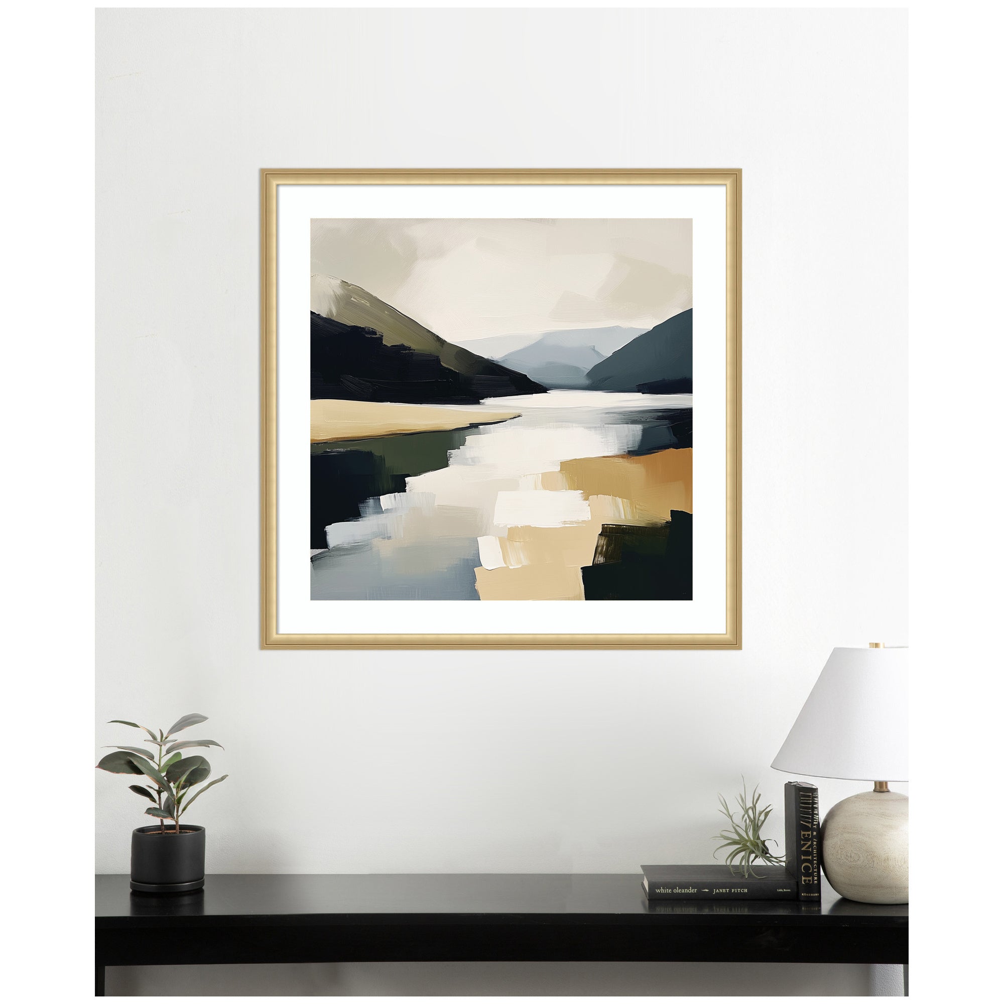 Framed Art Mountain Lake Modern Abstract Landscape by The Creative Bunch Studio