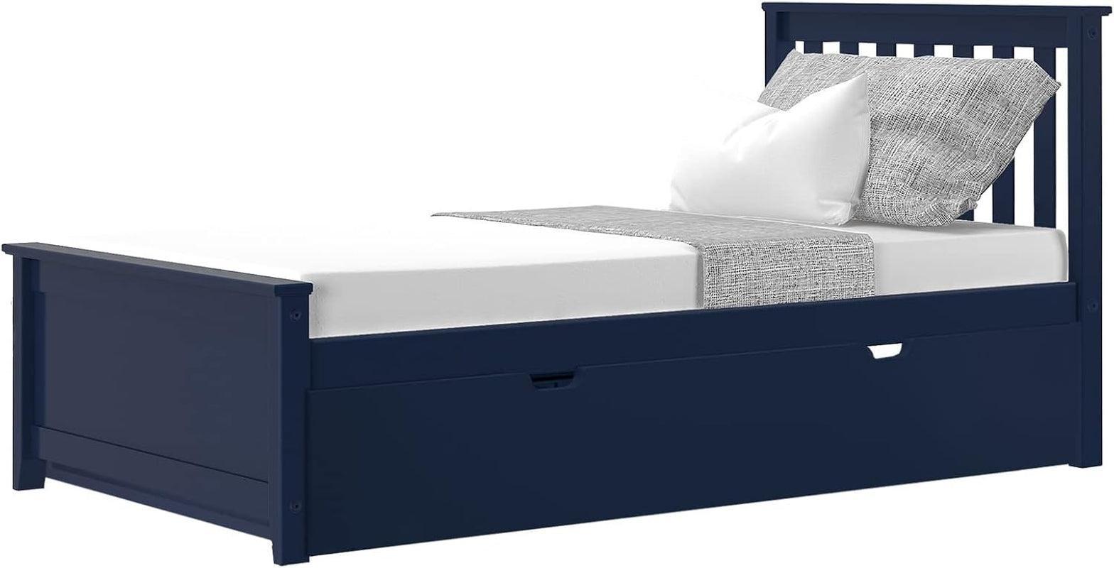 Blue Twin Bed Frame With Trundle Slatted Headboard