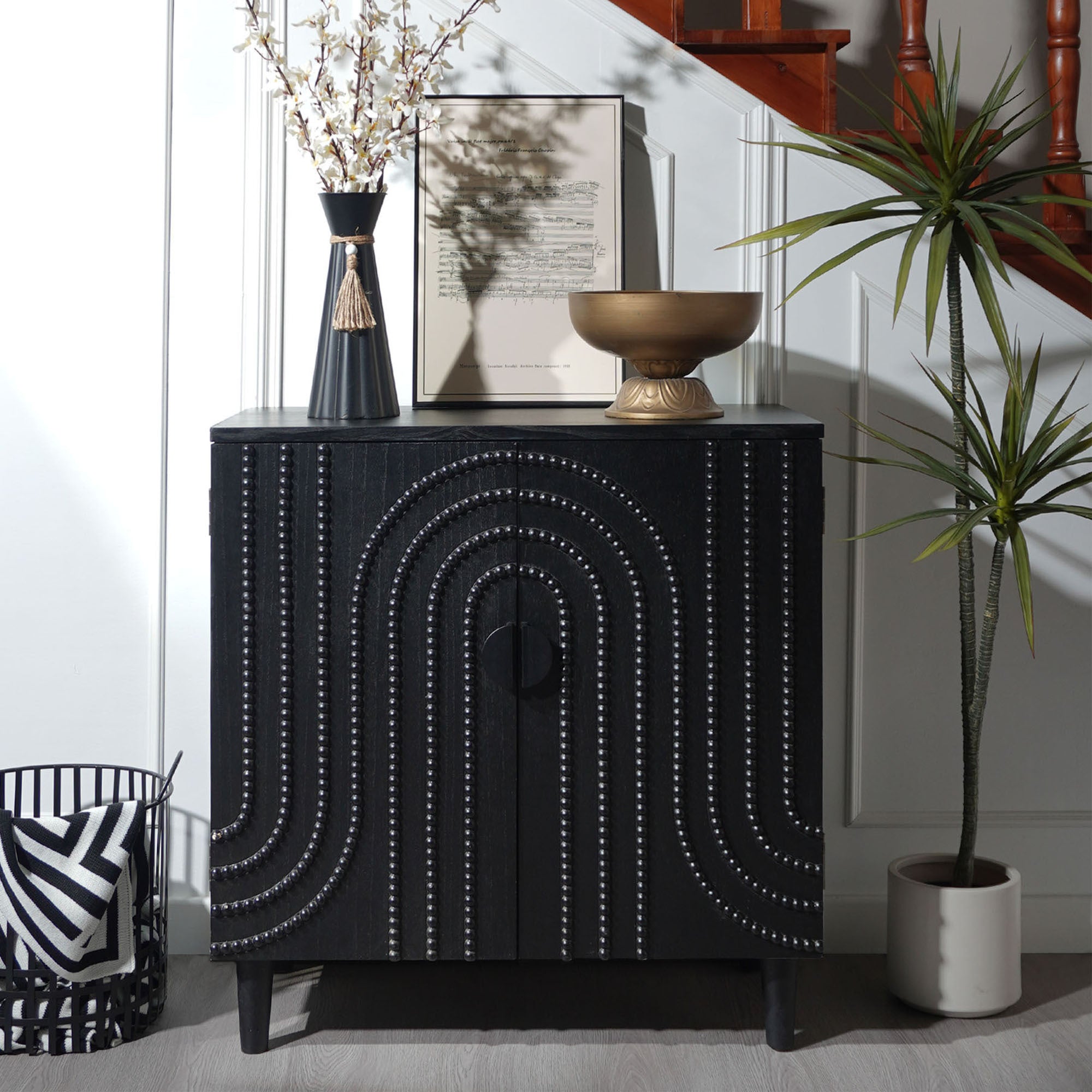 Modern Black Wood Storage Cabinet with Decorative Door