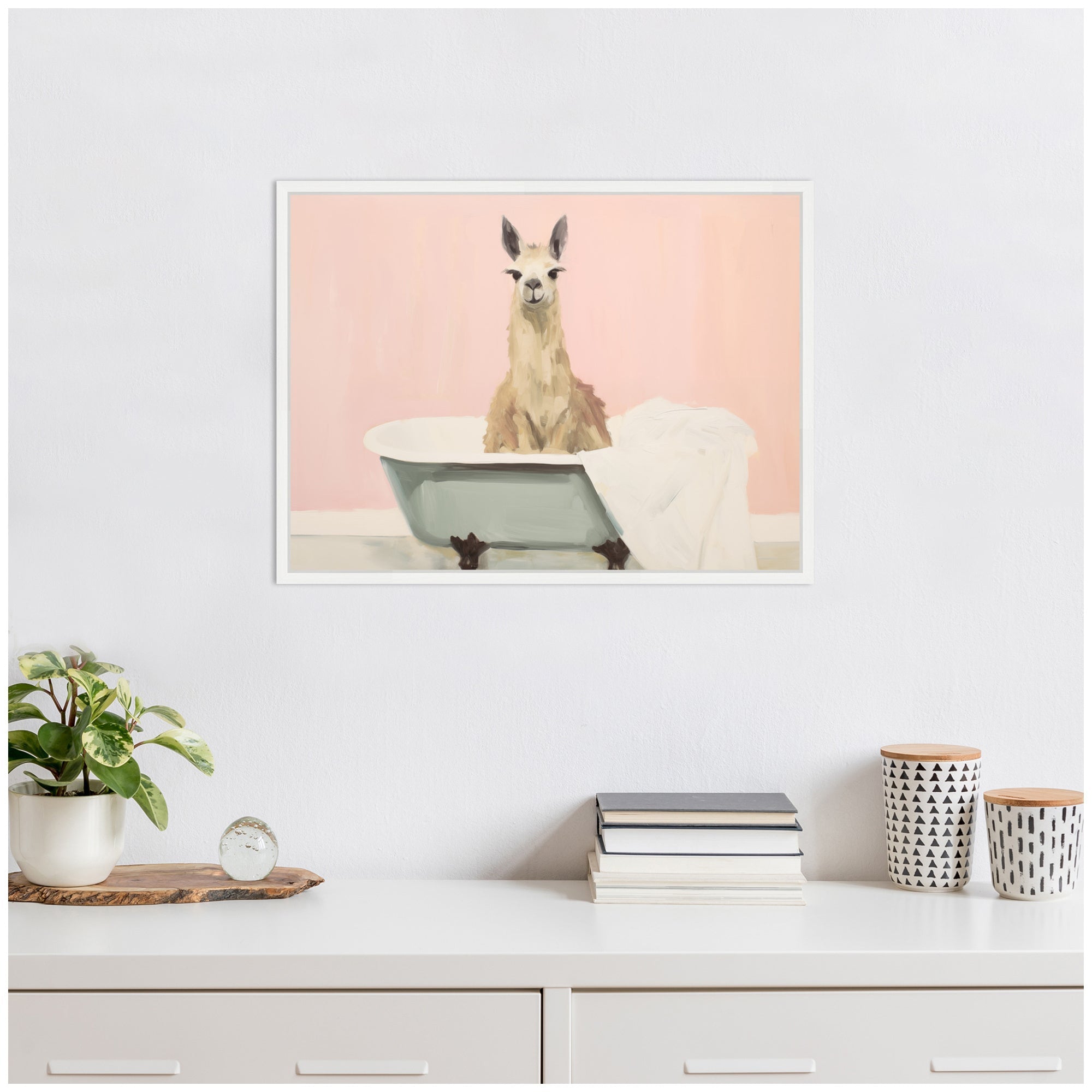 Sylvie Charming Boho Cottage Farmhouse Llama in Bathtub Framed Canvas by The Creative Bunch Studio