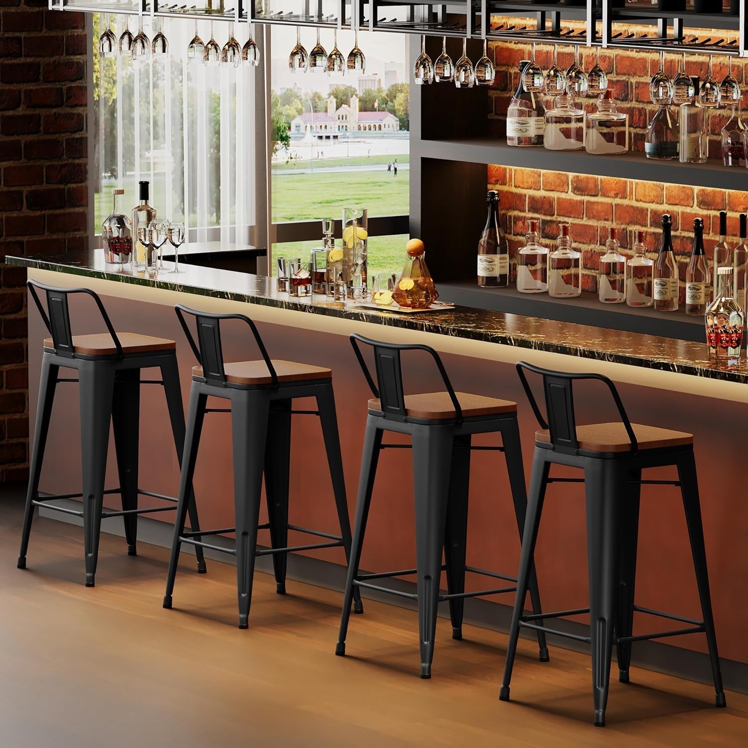 30 Inch Low Back Metal Barstools With Wooden Seat