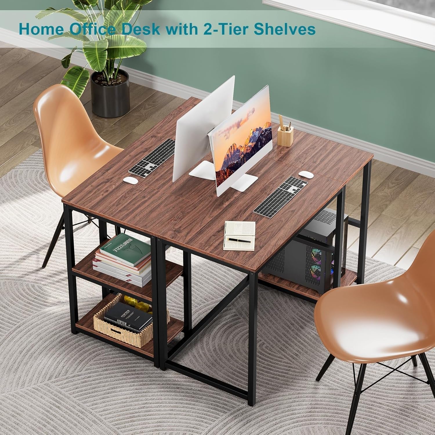 40 Inch Computer Desk With 2 Shelves Brown Sturdy Home Office Gaming Desk