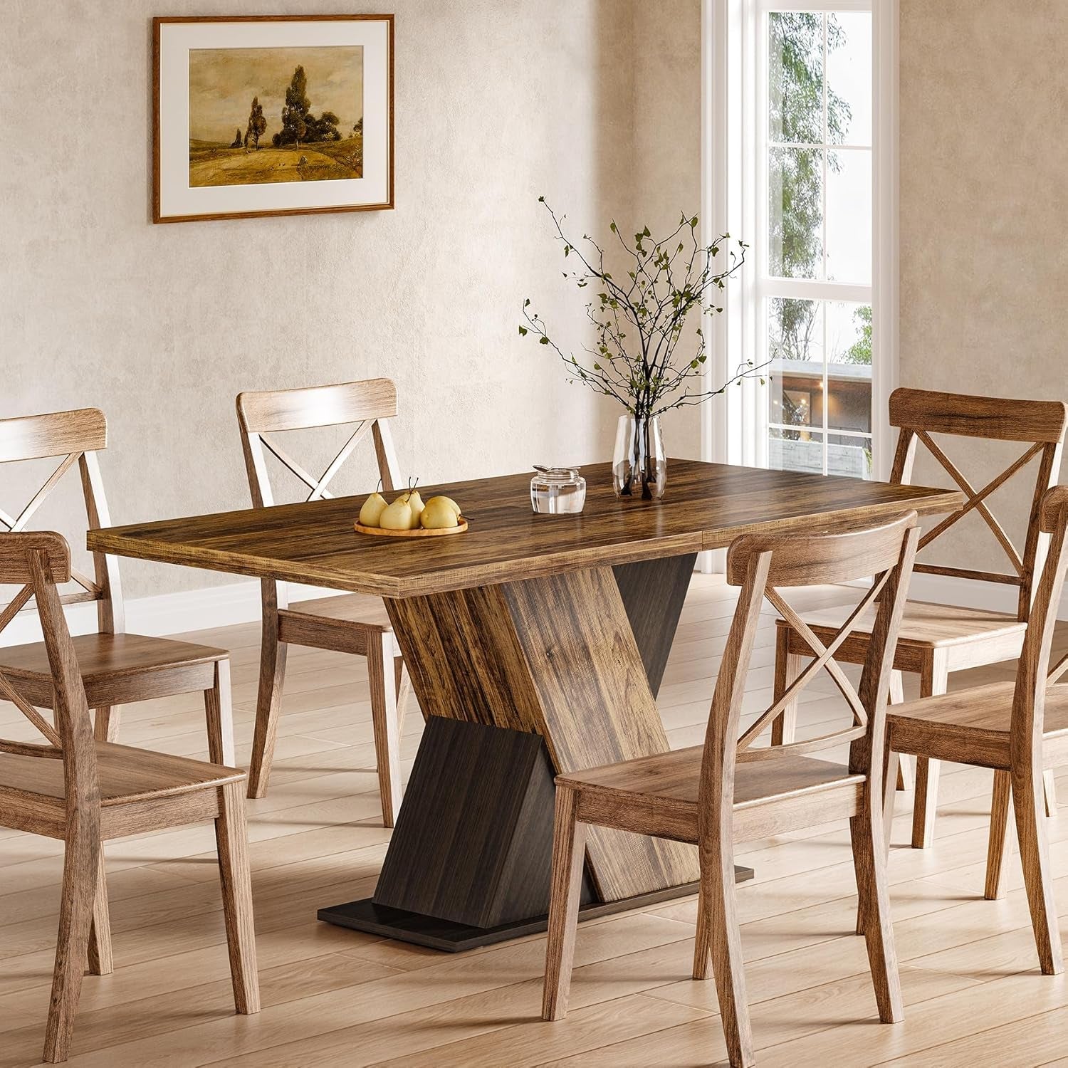 55 Inch Walnut Solid Industrial Dining Table Seats Six