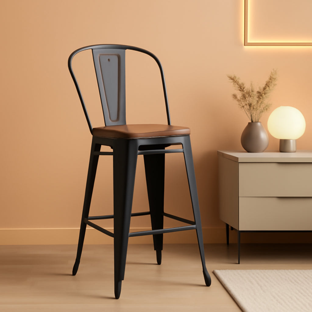 26 Inch Swivel Bar Stools Set Of 4 With Large Wooden Seat Matte Black High Back Design