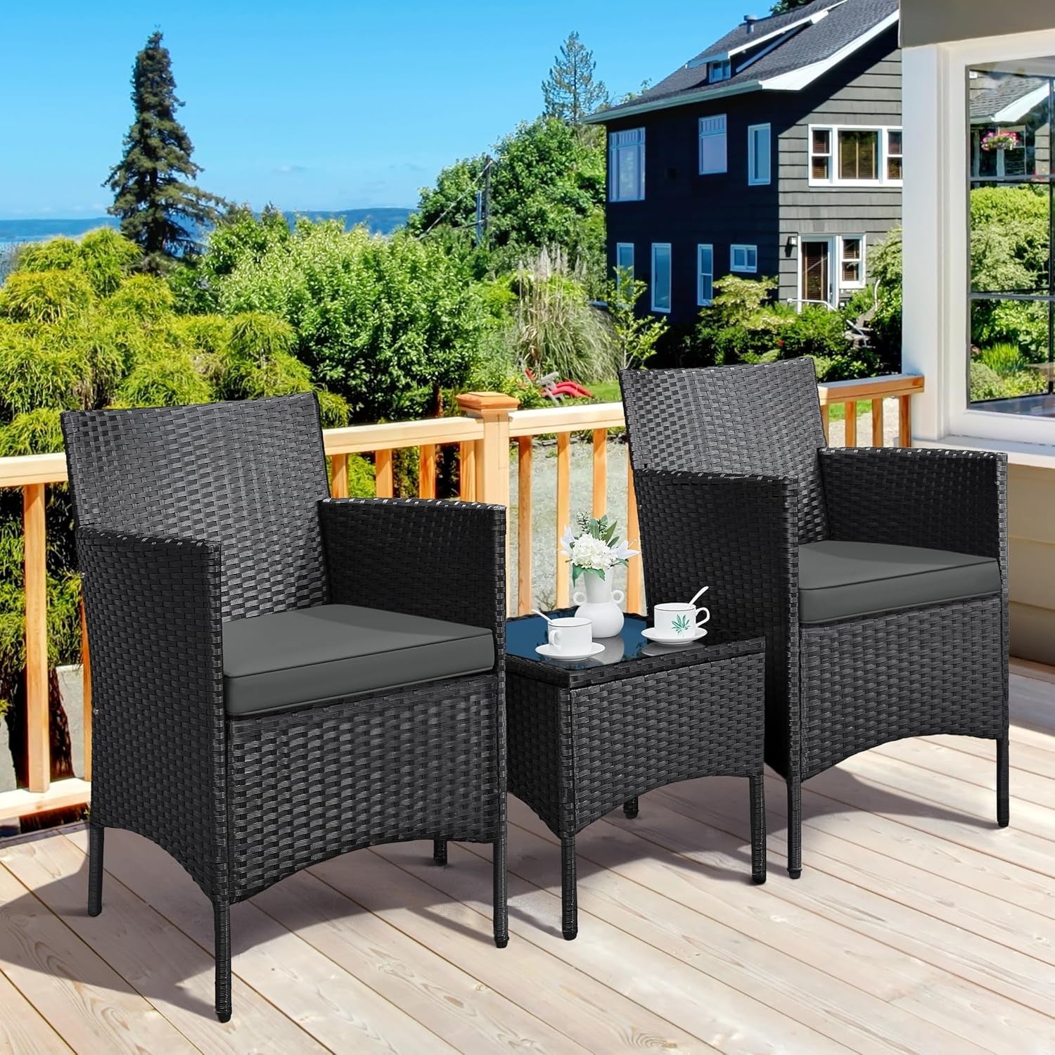 3 Piece Outdoor PE Rattan Wicker Patio Furniture Set With Soft Cushions And Glass Coffee Table