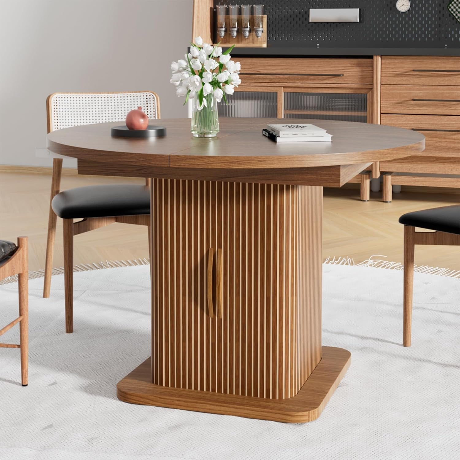 Extendable Round Dining Table 59 Inch Walnut Modern