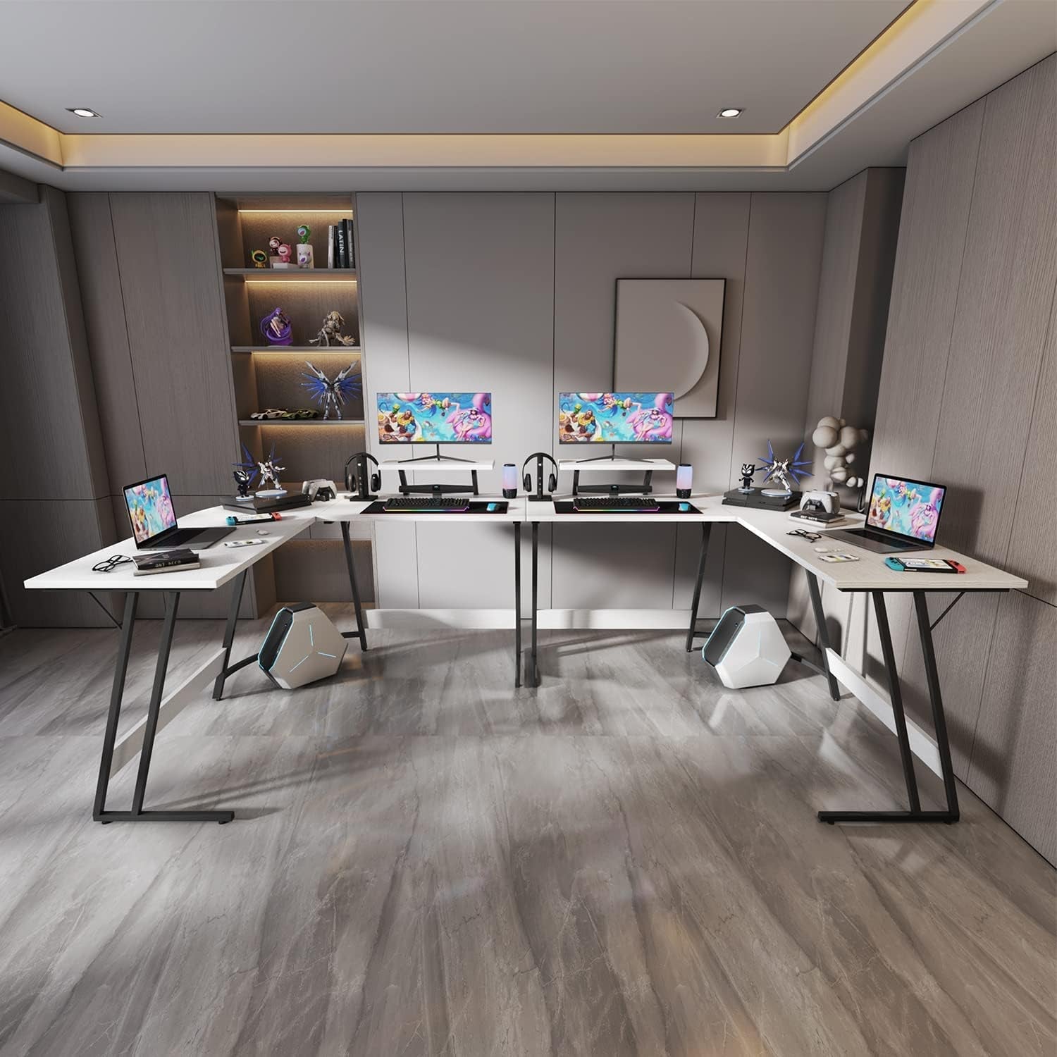 L Shaped Gaming Desk 51 Inch Monitor Riser Classical White