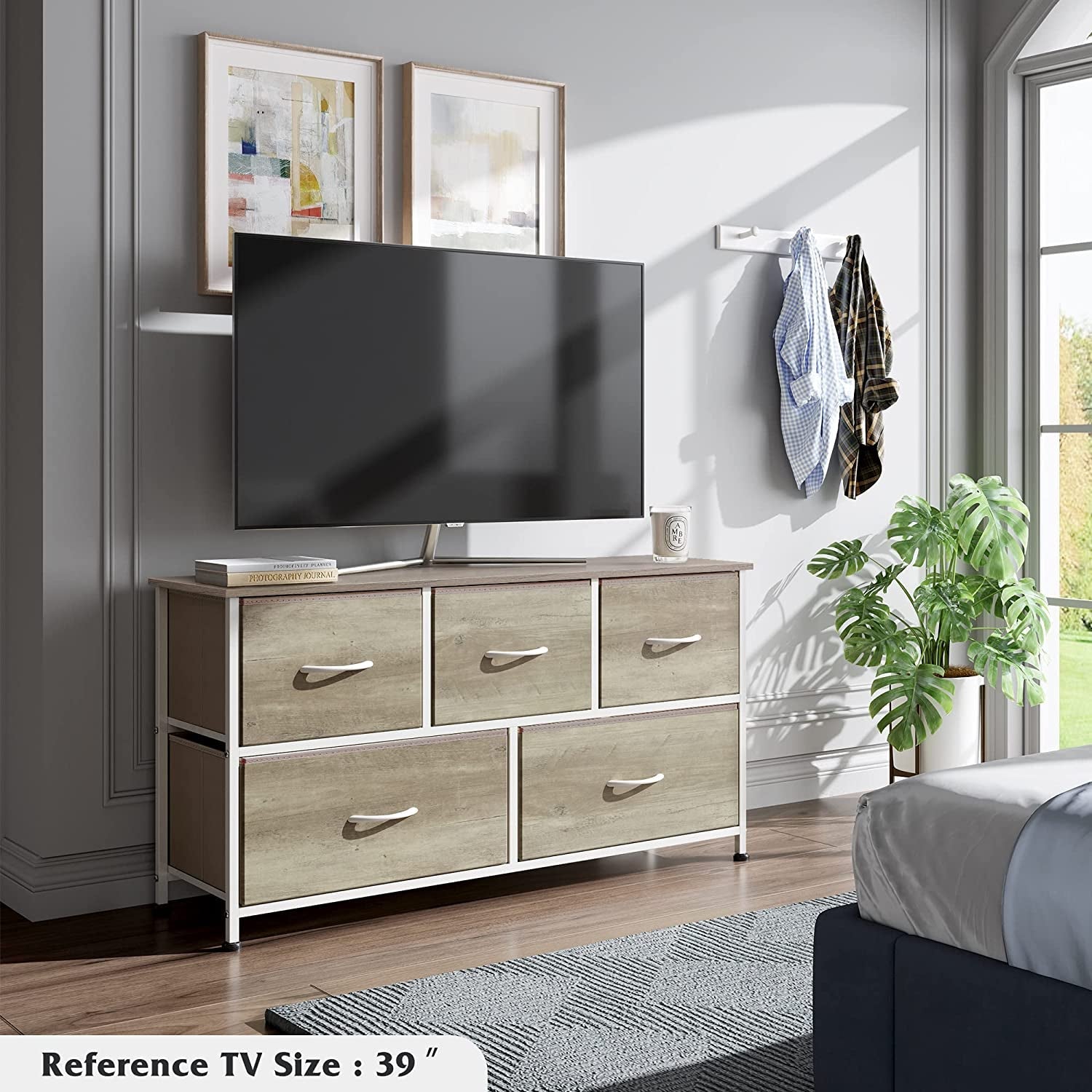 5 Drawer Wide Fabric Dresser Organizer With Wood Top