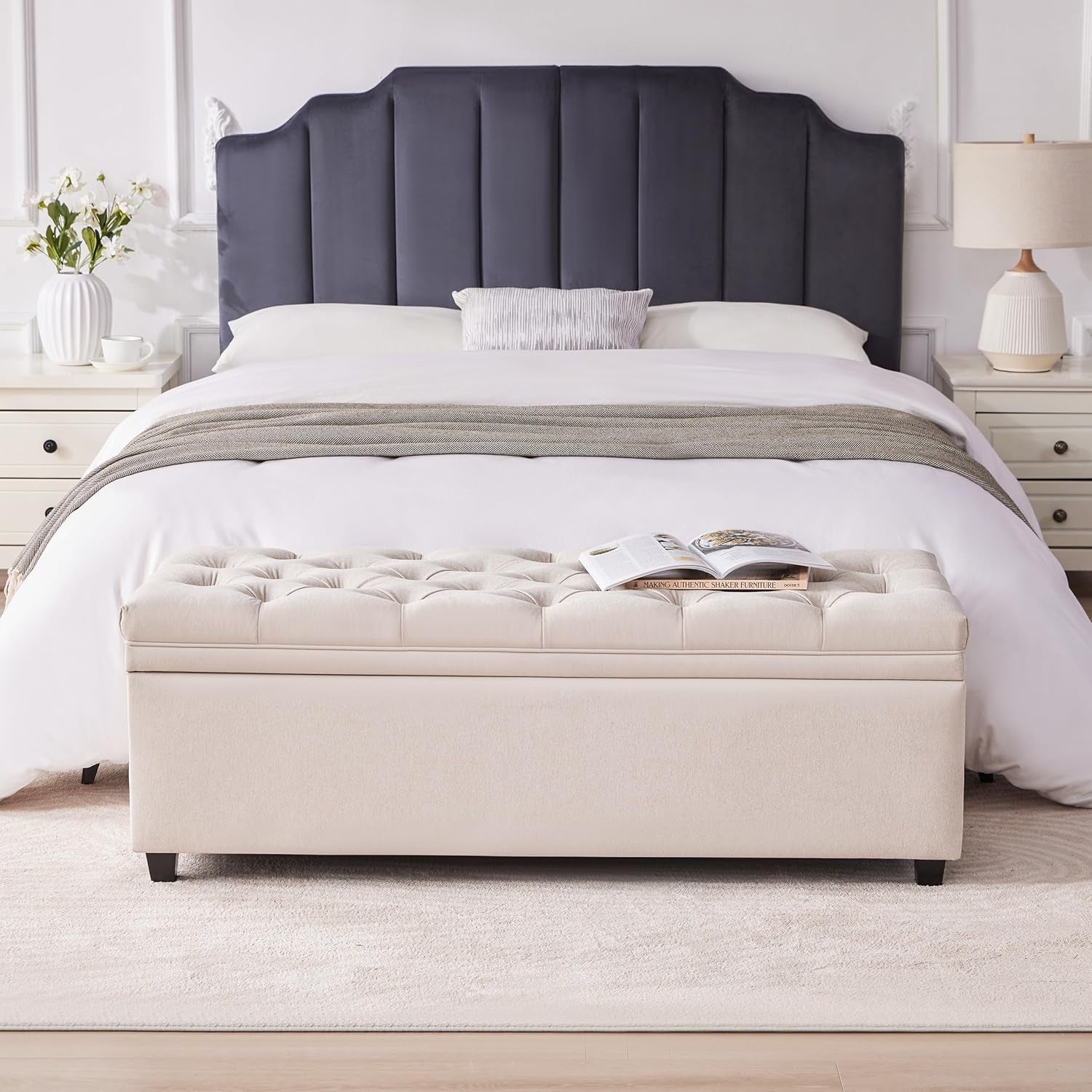 50 Inch Beige Tufted Storage Ottoman Bench Upholstered