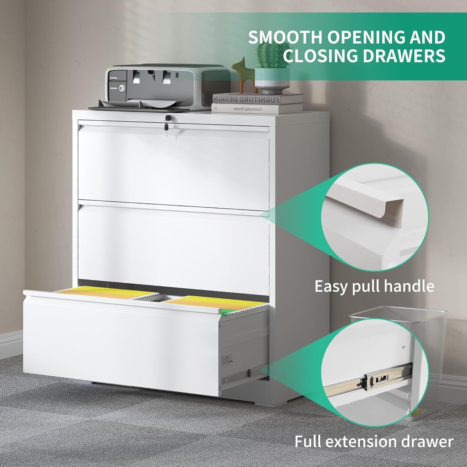 Lateral File Cabinet With 3 Drawers Metal Home Office