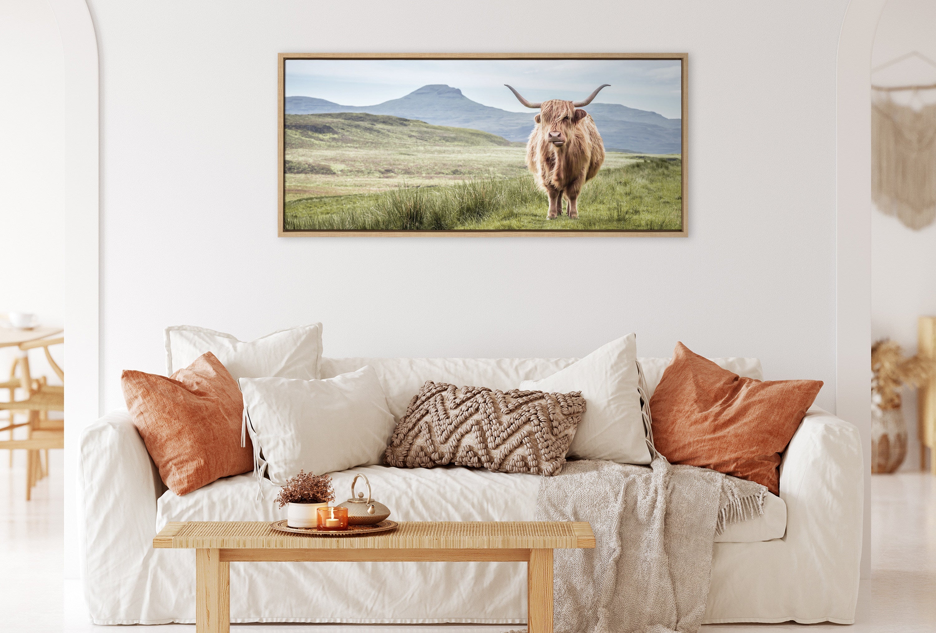 Sylvie Highland Cow Mountain Landscape Framed Canvas by The Creative Bunch Studio