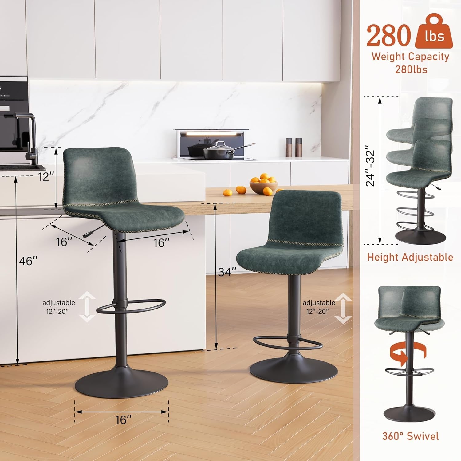 Teal Bar Stools Set Of 3 Adjustable Height 24 To 32 Inches