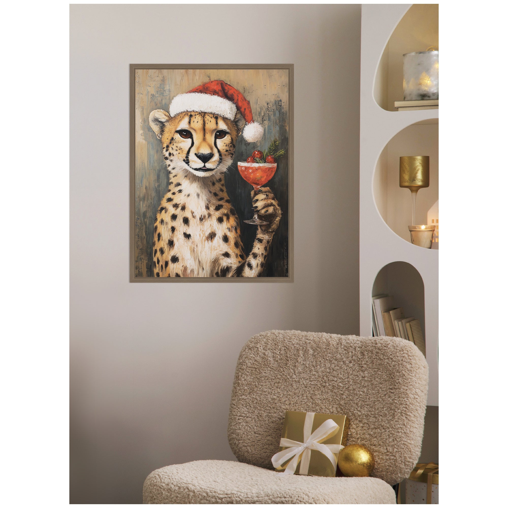 Sylvie Framed Canvas Cheetah Festive Cocktail Santa Hat by The Creative Bunch Studio