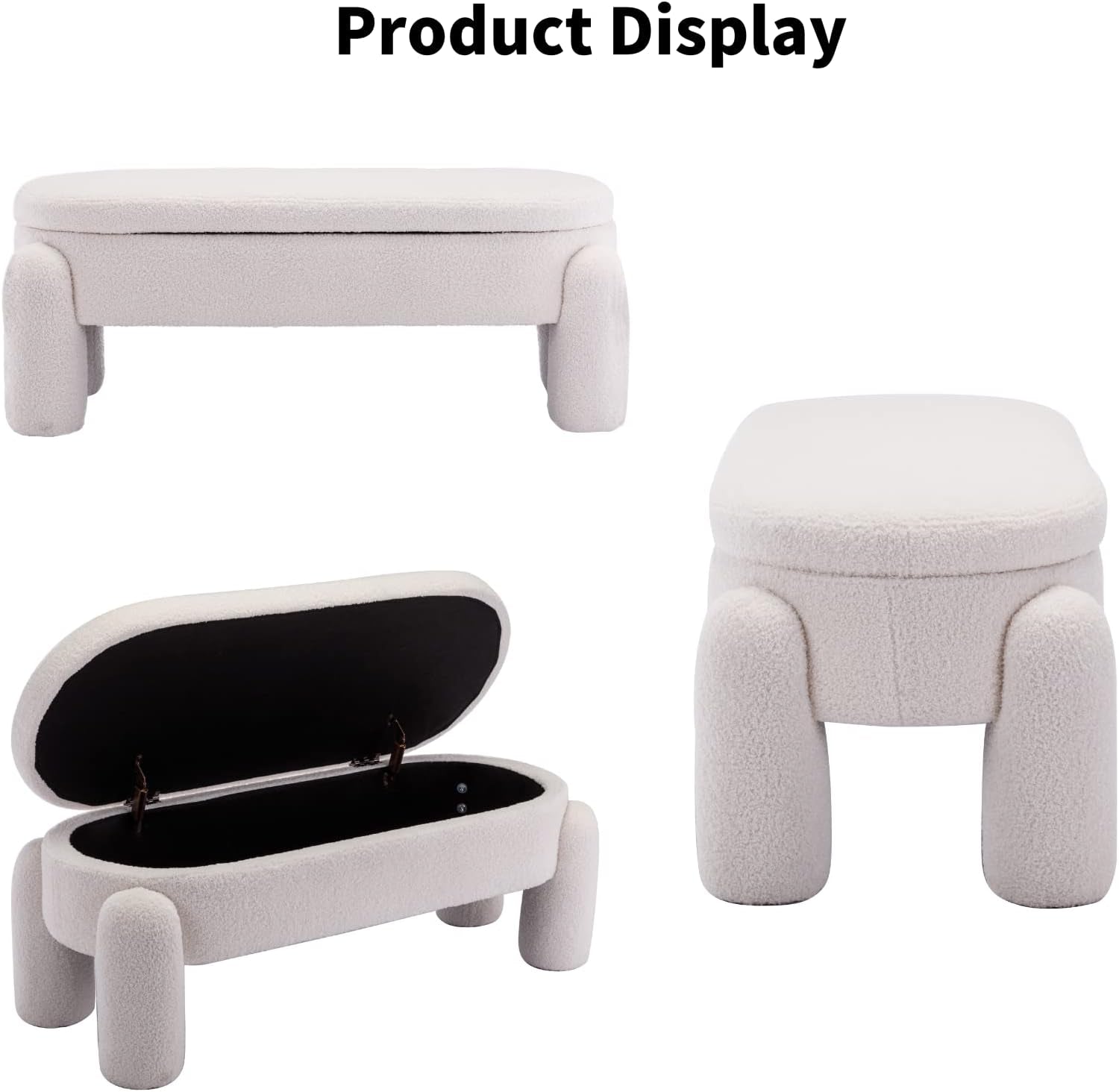 44.7-Inch White Boucle Upholstered Storage Ottoman Bench