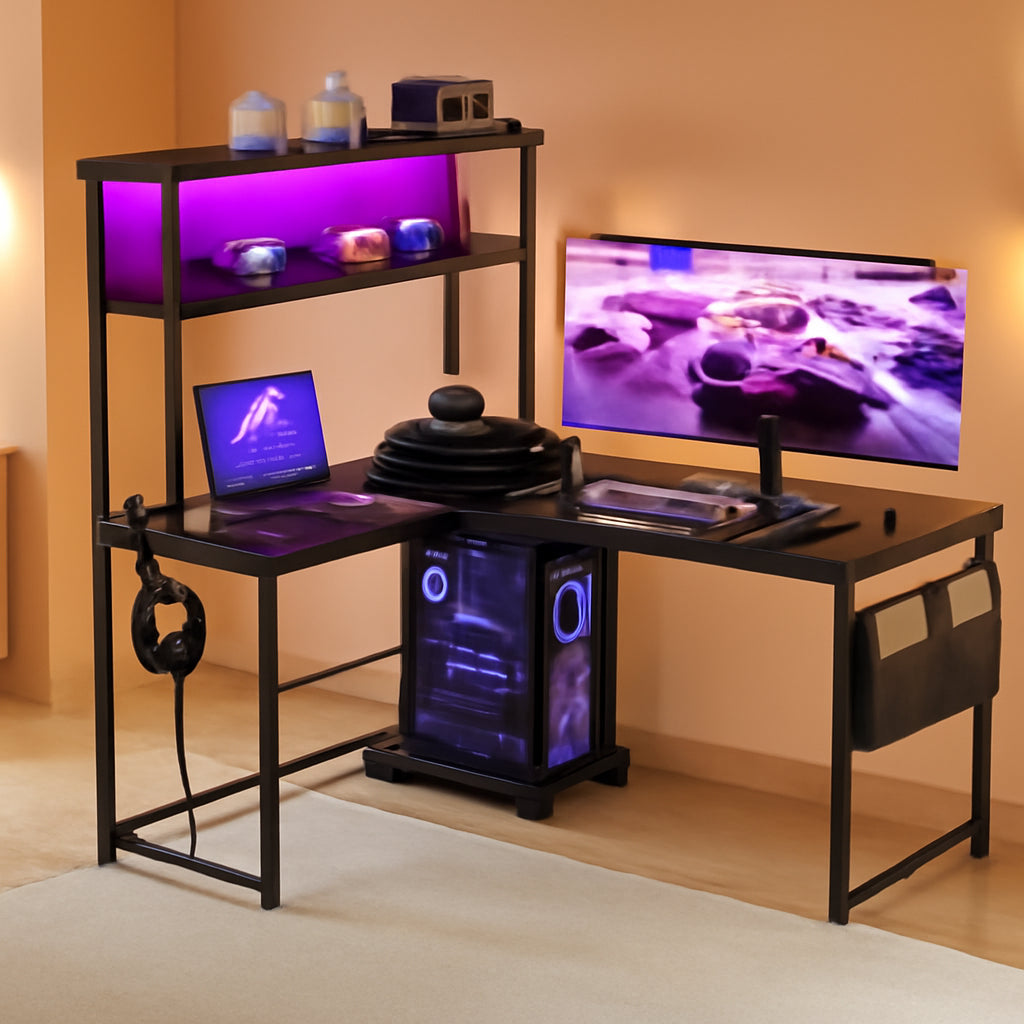 L Shaped Gaming Desk With LED Lights And Power Outlets