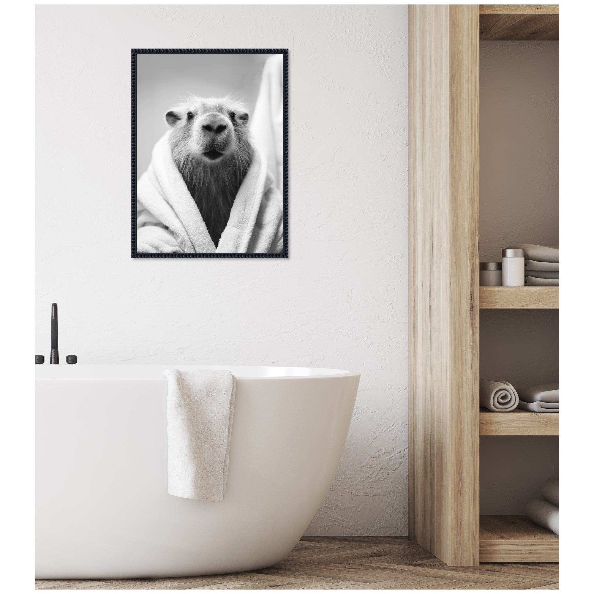 Sylvie Capybara Bathroom Art Towel Robe Black and White Framed Canvas by The Creative Bunch Studio