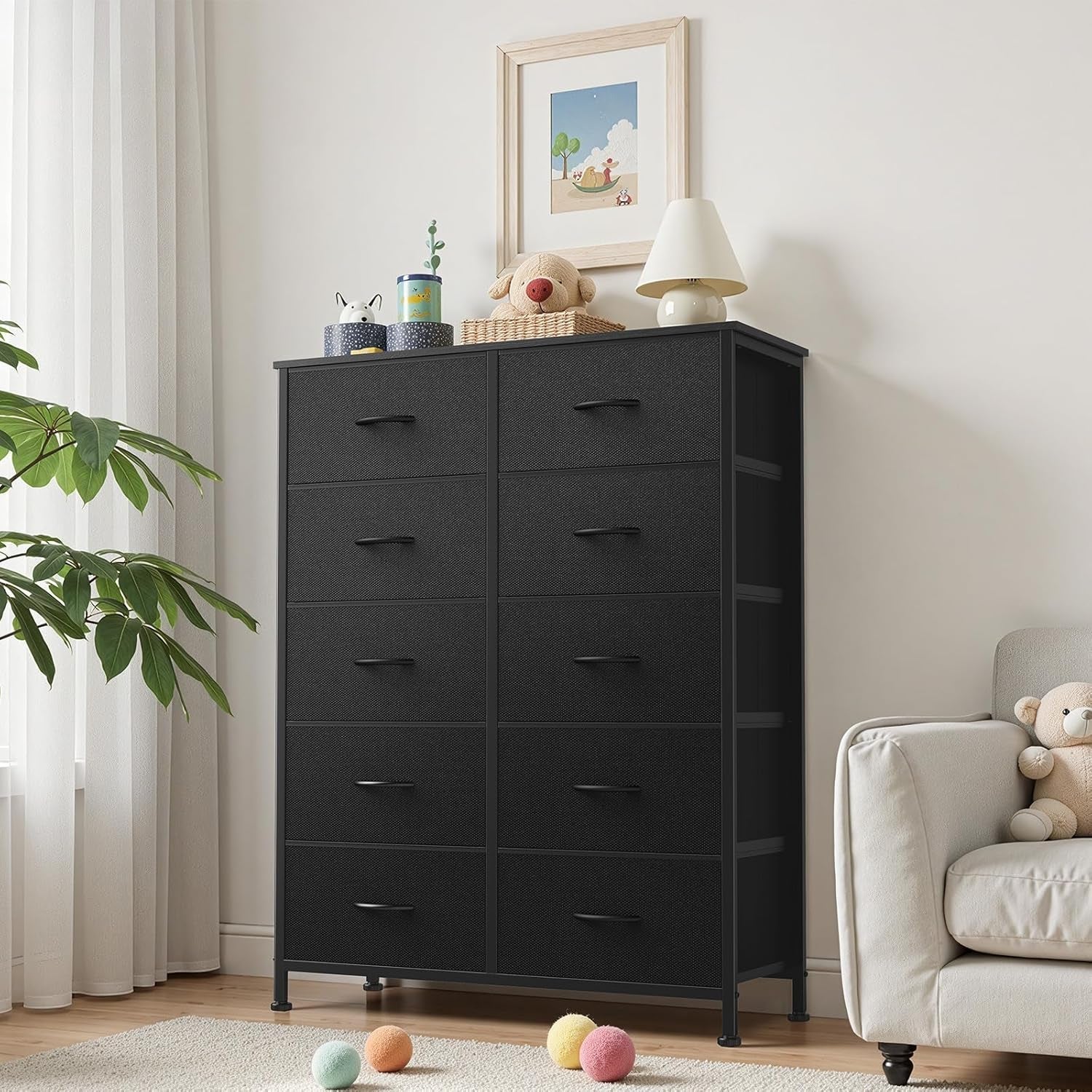 10 Drawer Dresser With Black Premium Fabric Finish And Durable Metal Frame For Bedroom Storage And Organization