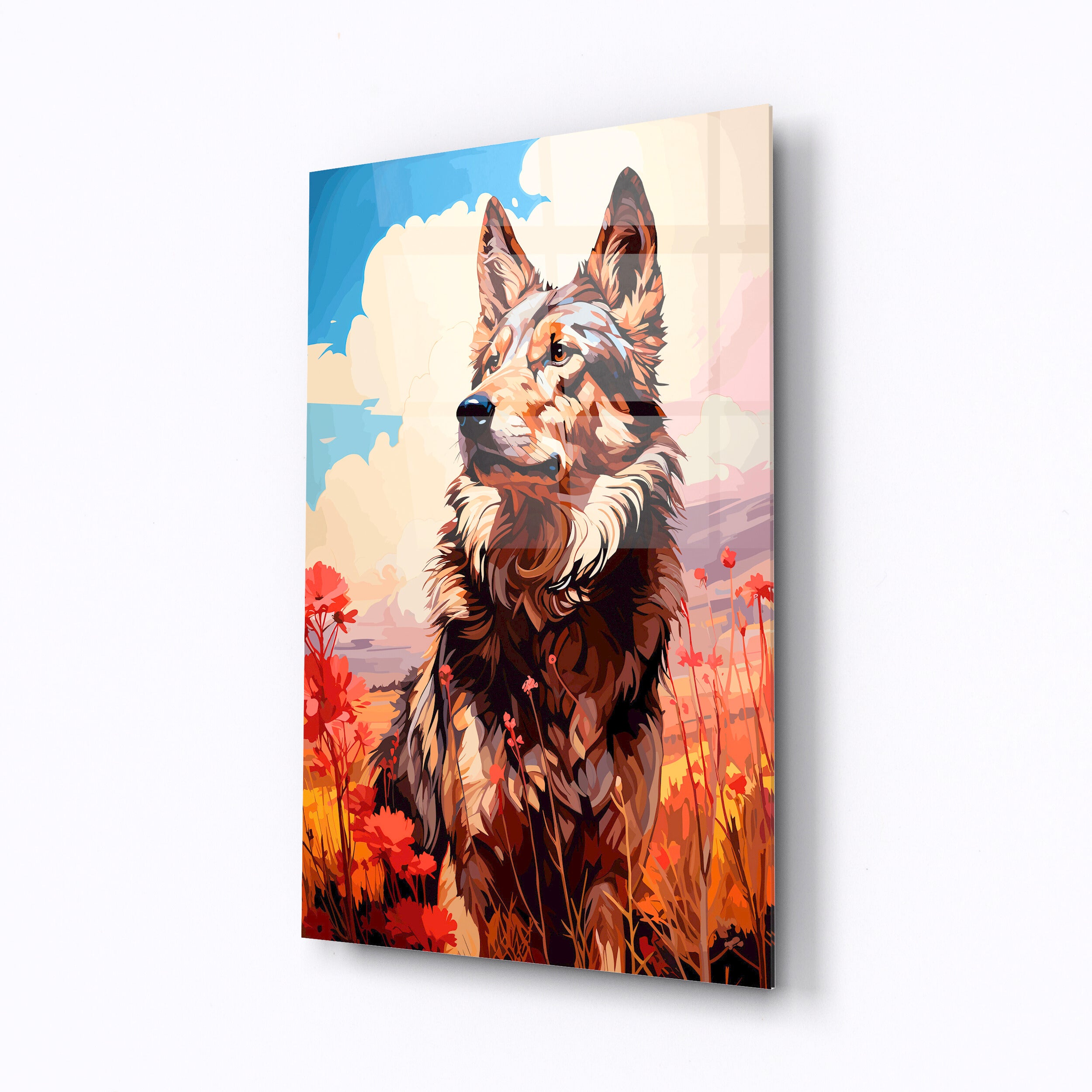 Tempered glass wall art Dog in a flower field-0