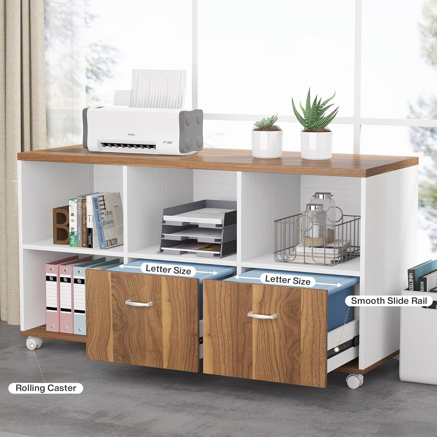 63 Inch L Desk With File Cabinet Walnut White Finish