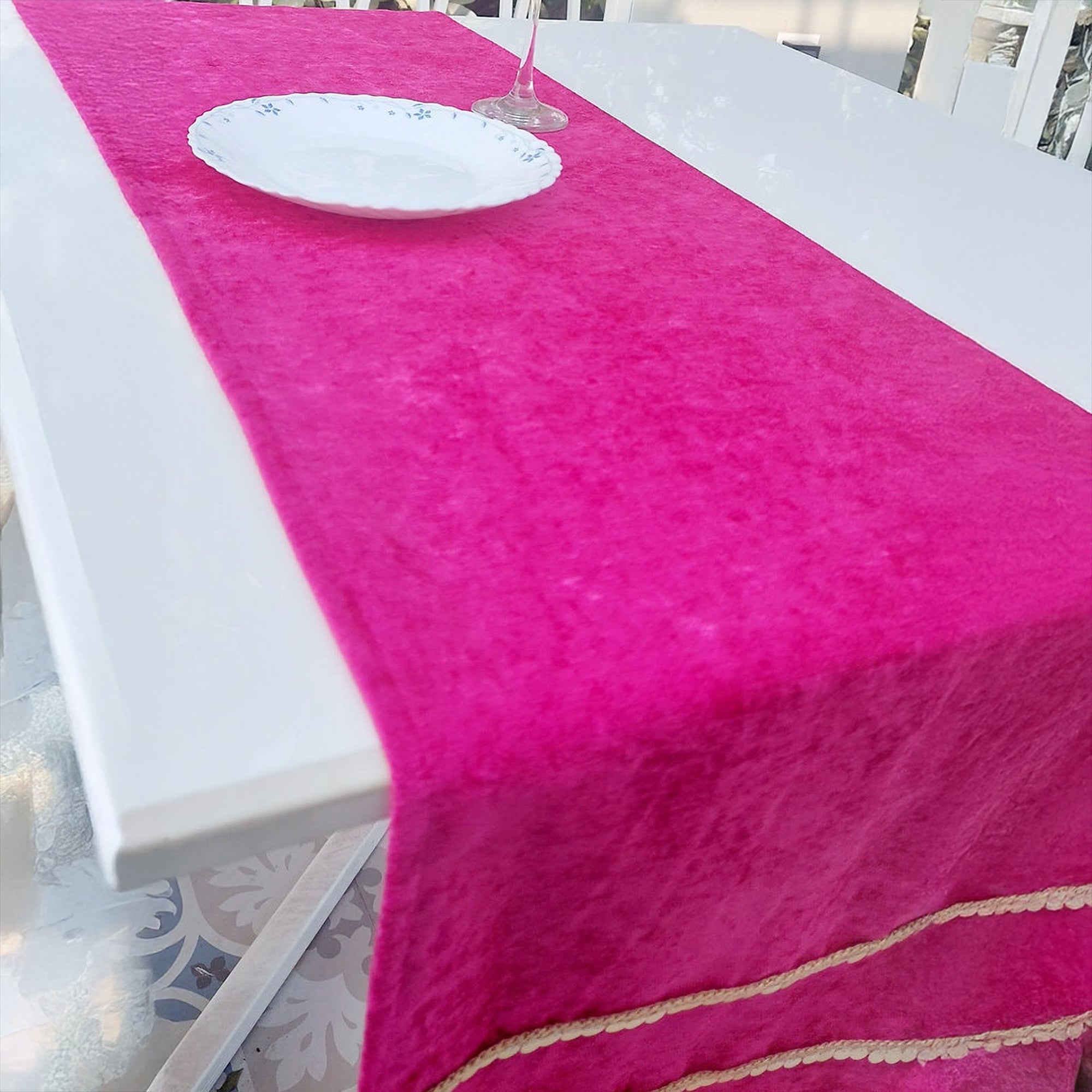 Magenta Velvet Table Runner | Gold Sequin Trim | Tassels | 92-305cm-4
