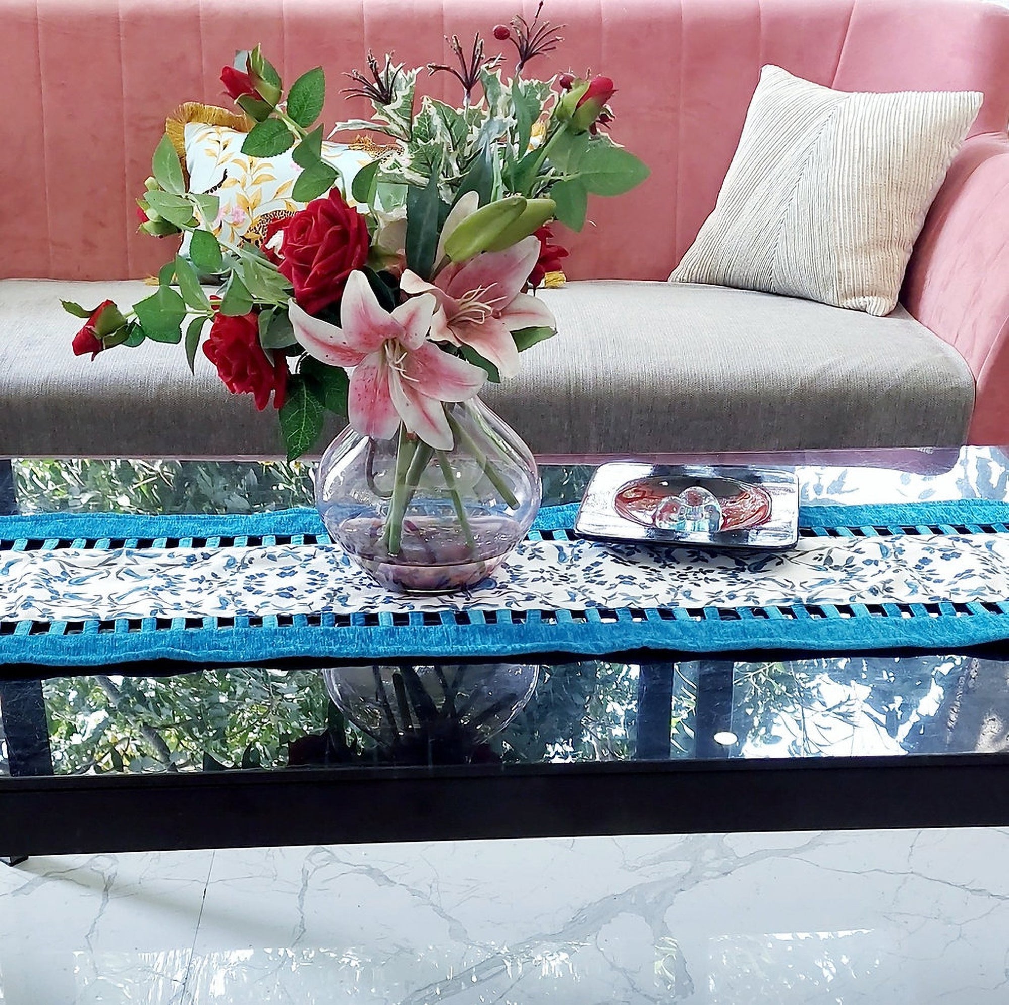Blue & White Chinoiserie Table Runner | Organic Linen | Cutwork Design | 92-305cm-4