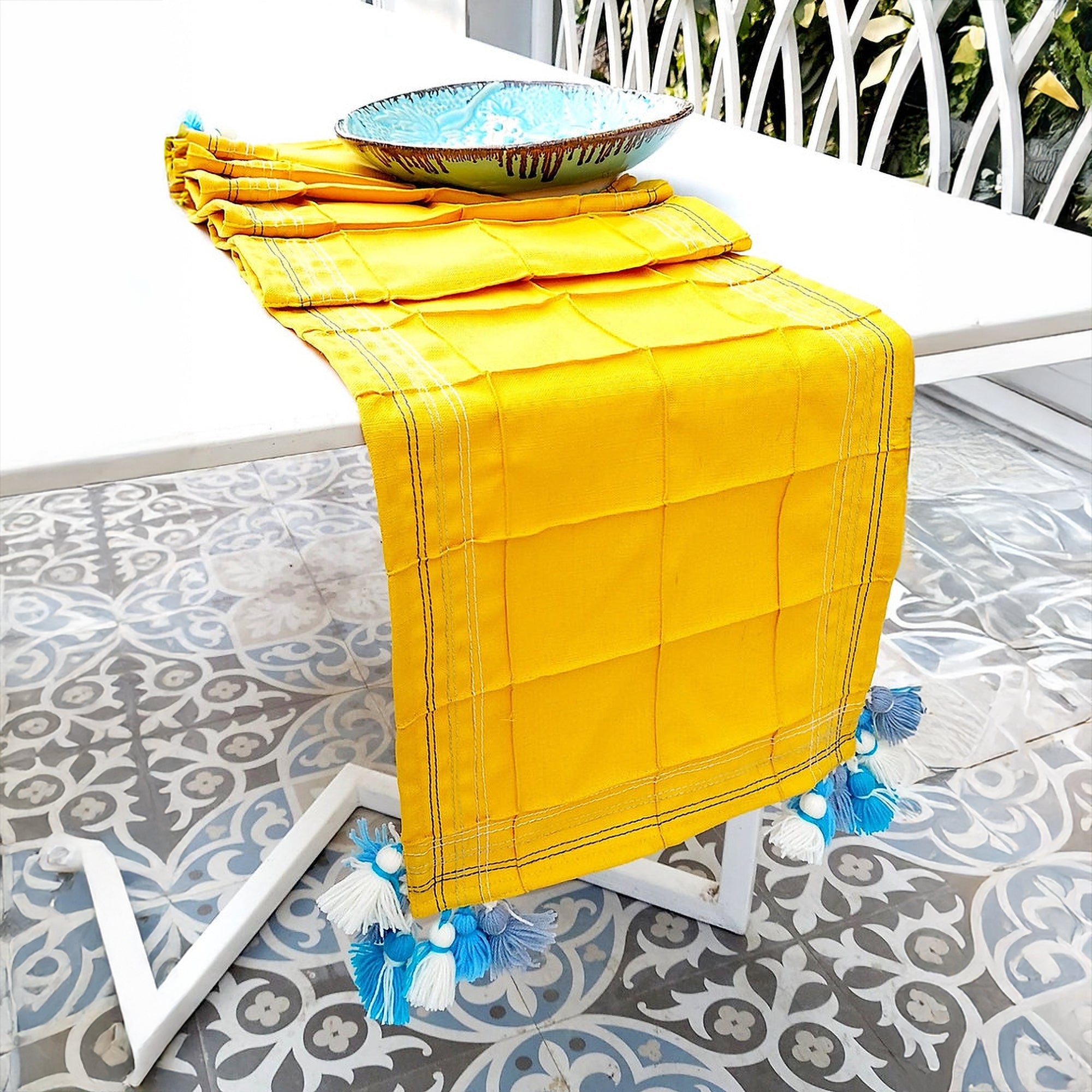 Mustard Yellow Pintuck Table Runner | Organic Linen | Tassel Trim | 92-305cm-3