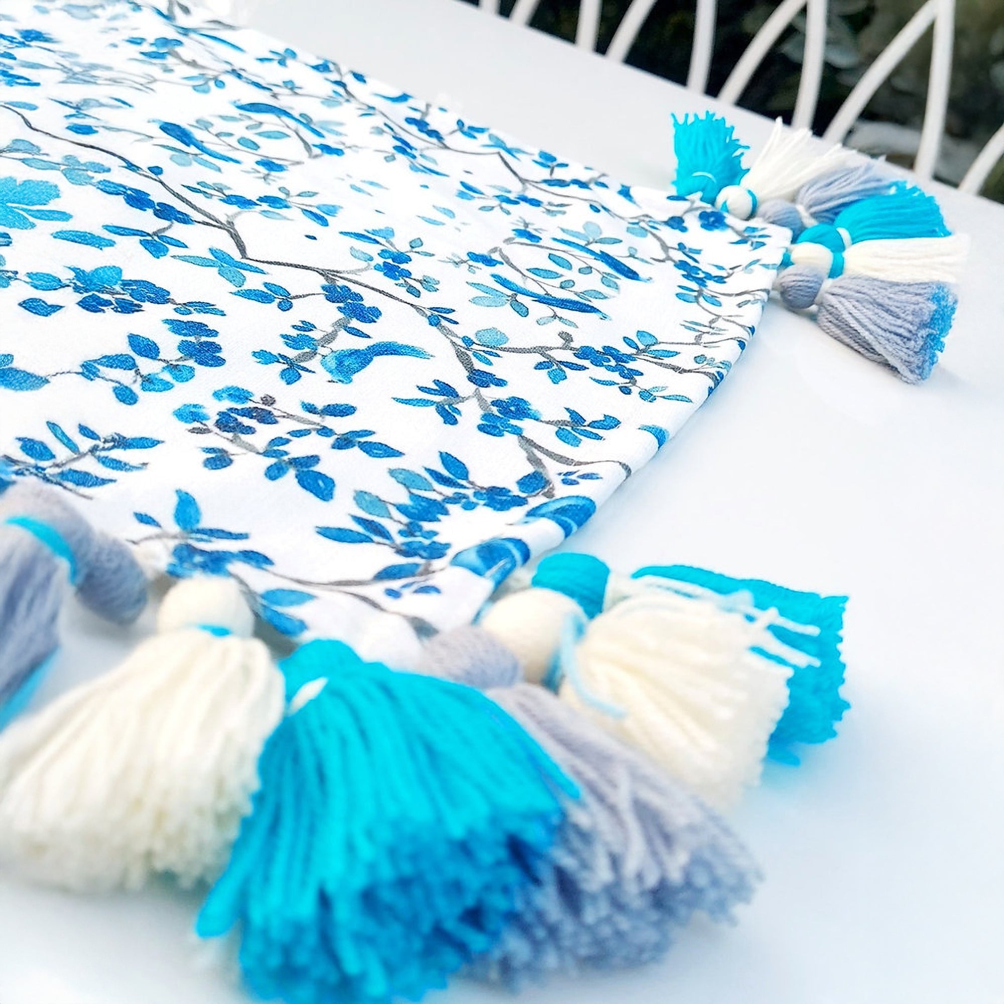 Blue Chinoiserie Table Runner | Linen | Tassels | 92-305cm-3