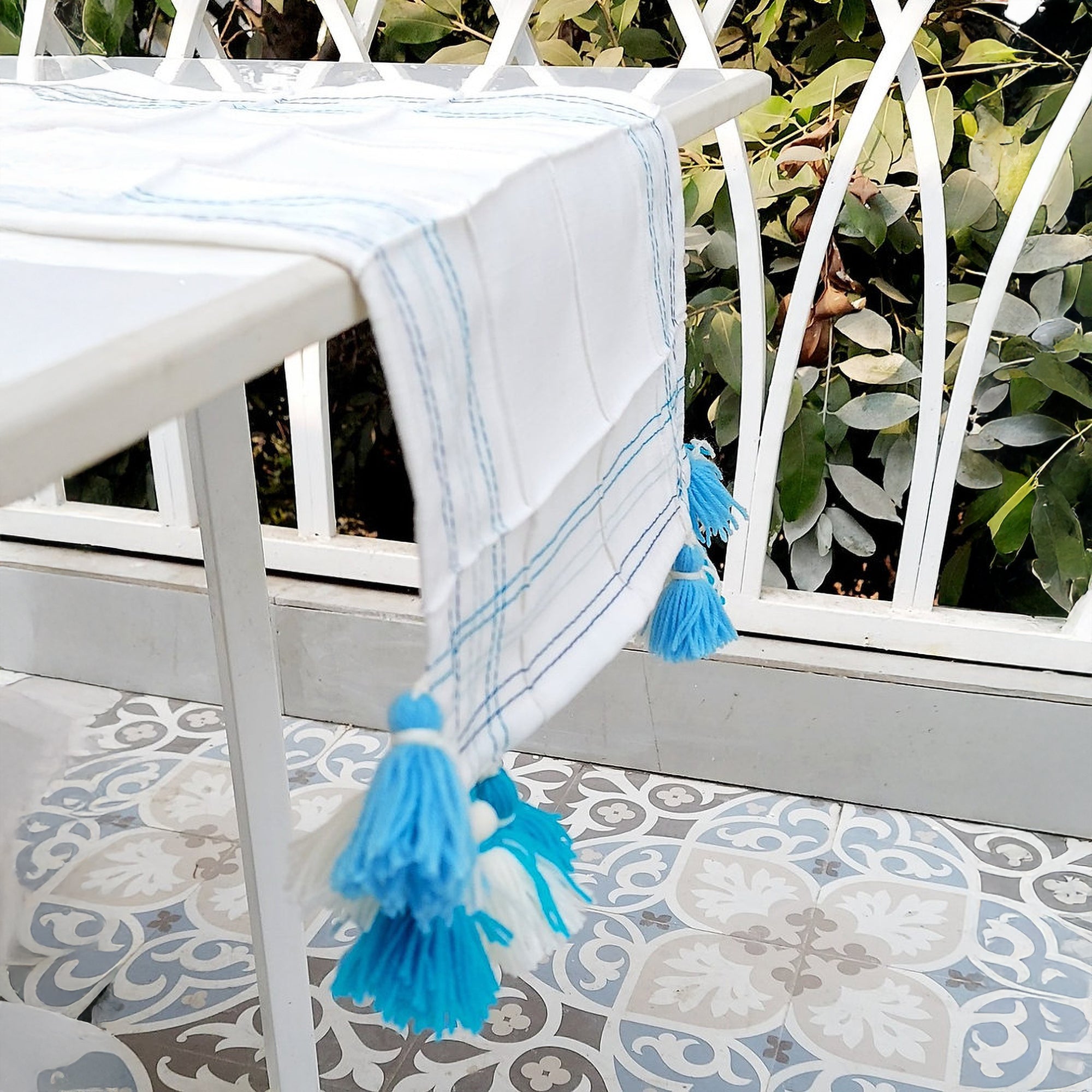White Pintuck Linen Table Runner | Blue Accent Stitching | Tassel Trim | 92-305cm-3