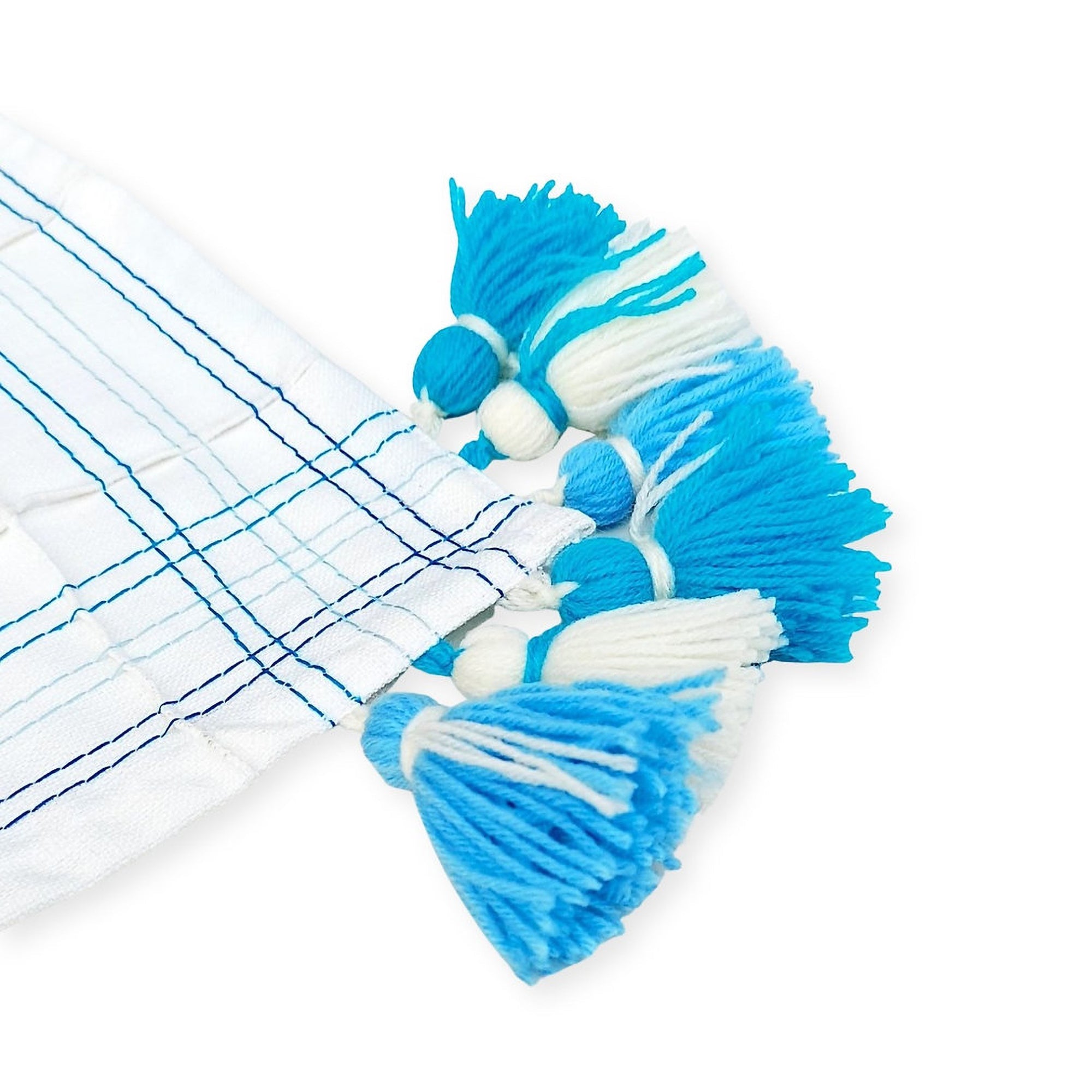 White Pintuck Linen Table Runner | Blue Accent Stitching | Tassel Trim | 92-305cm-4