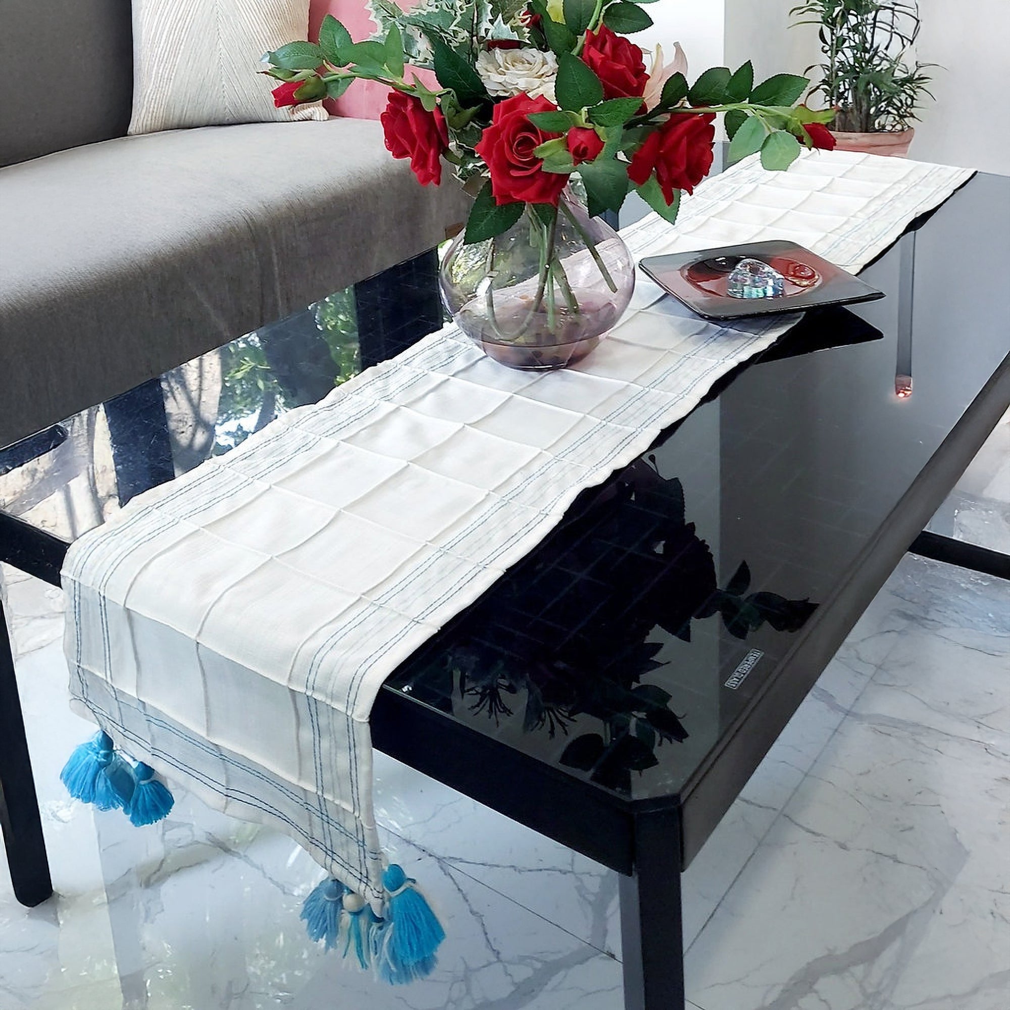 White Pintuck Linen Table Runner | Blue Accent Stitching | Tassel Trim | 92-305cm-2