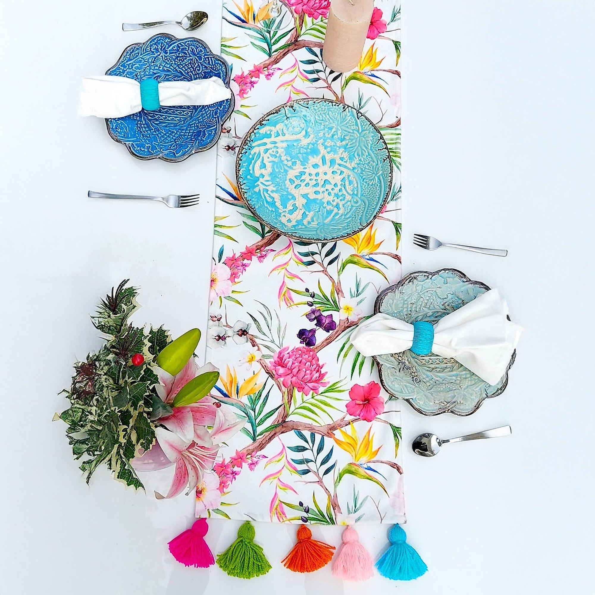 Tropical Floral Table Runner | Organic Linen | Multicolor Tassels | 92-305cm-4