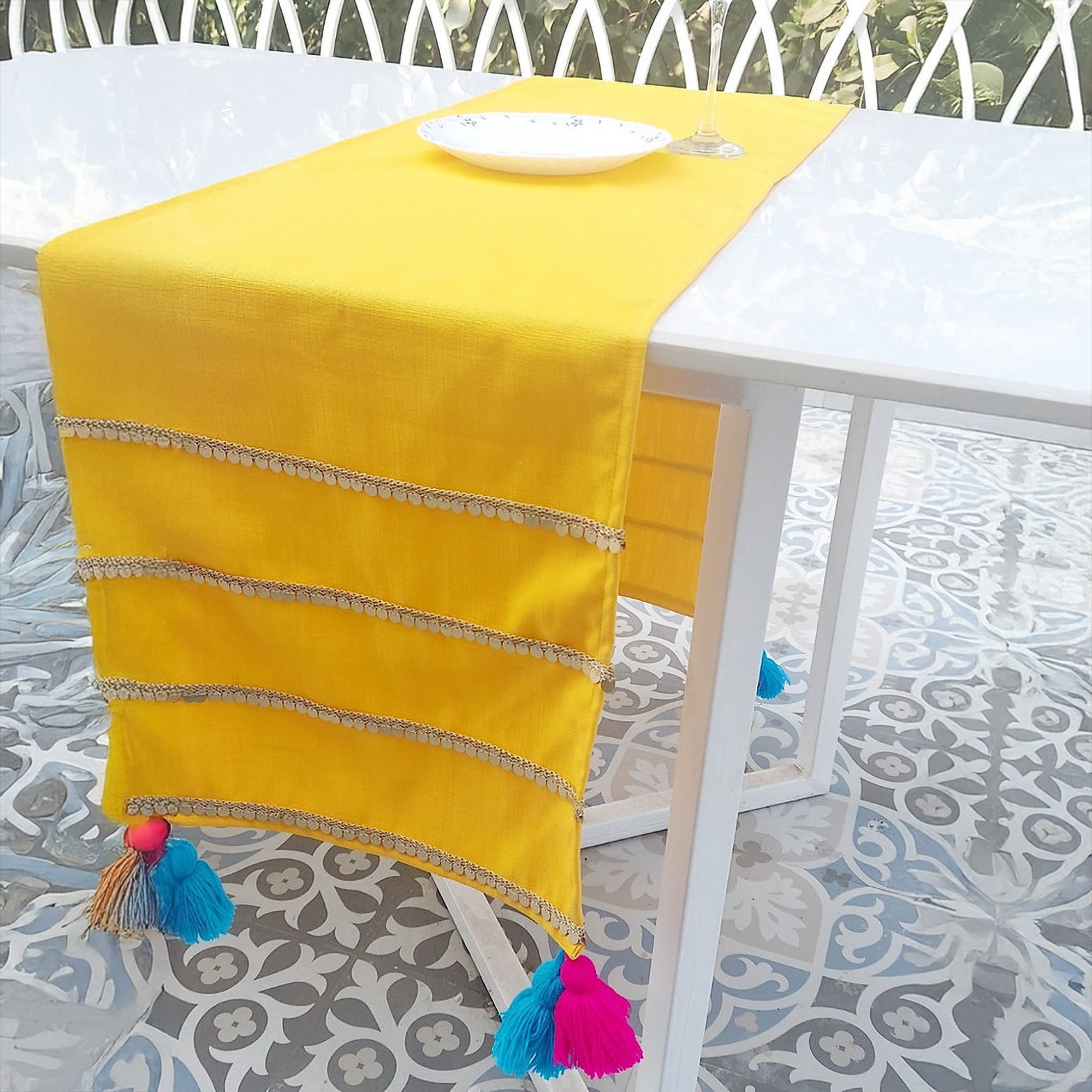 Mustard Yellow Velvet Table Runner | Gold Trim | Tassels | 92-305cm-2