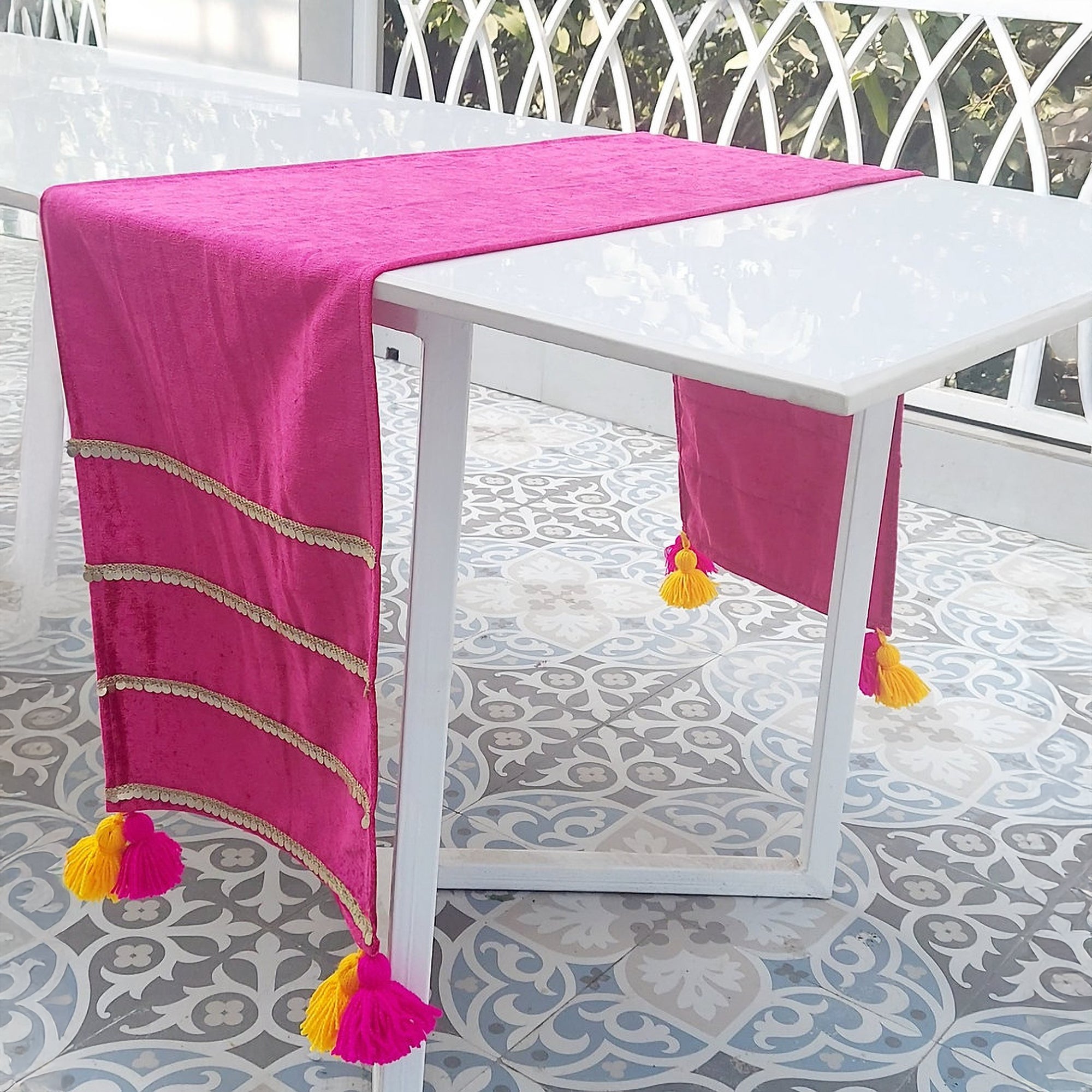 Magenta Velvet Table Runner | Gold Sequin Trim | Tassels | 92-305cm-3