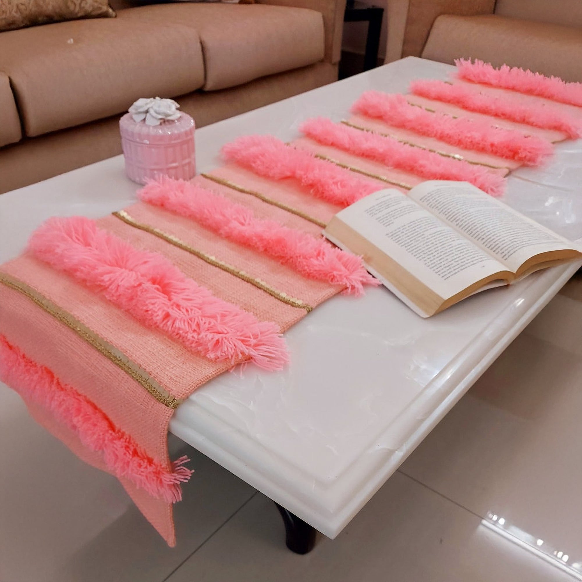 Peach Shag Table Runner | Linen with Gold Sequins | 92-305cm-2