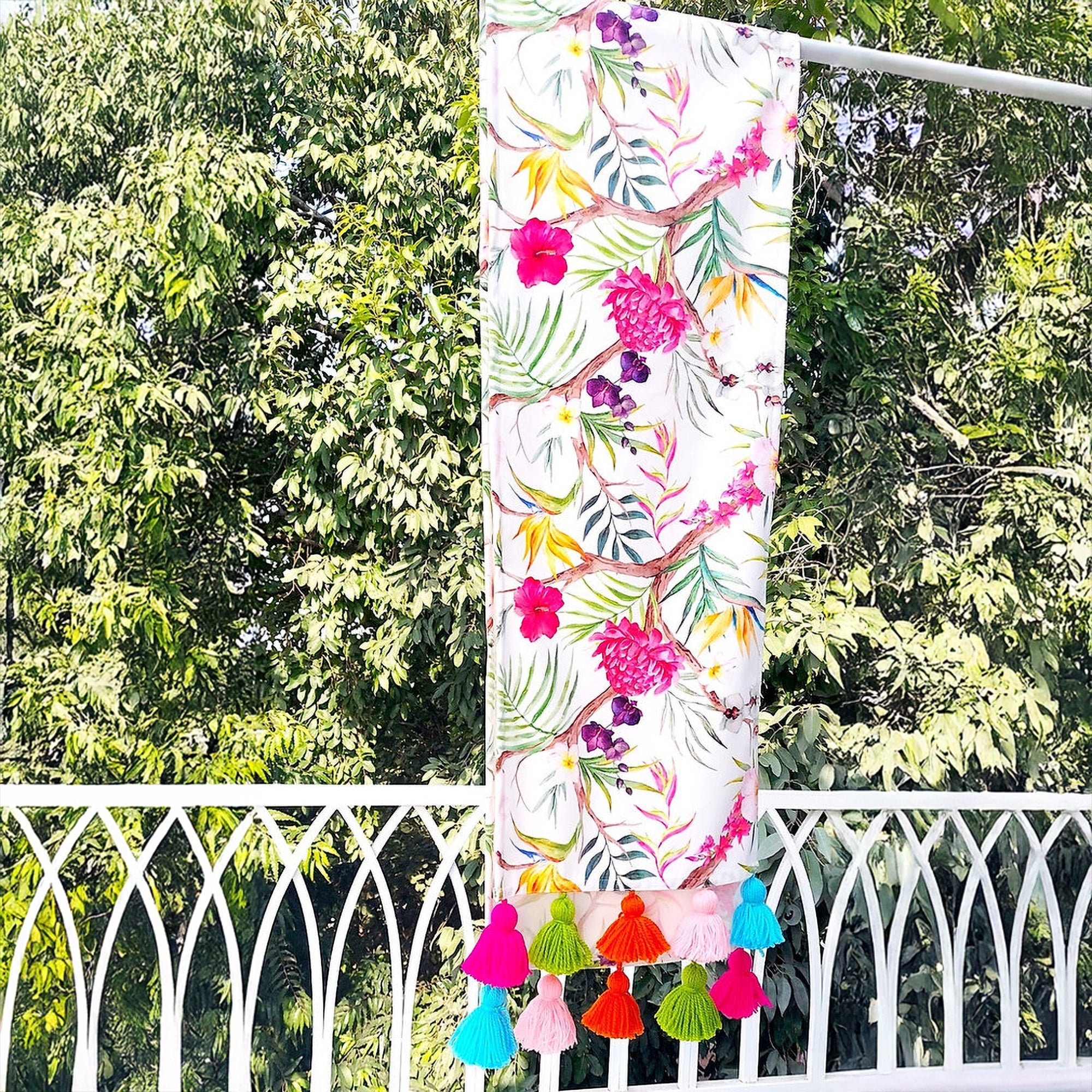 Tropical Floral Table Runner | Organic Linen | Multicolor Tassels | 92-305cm-2