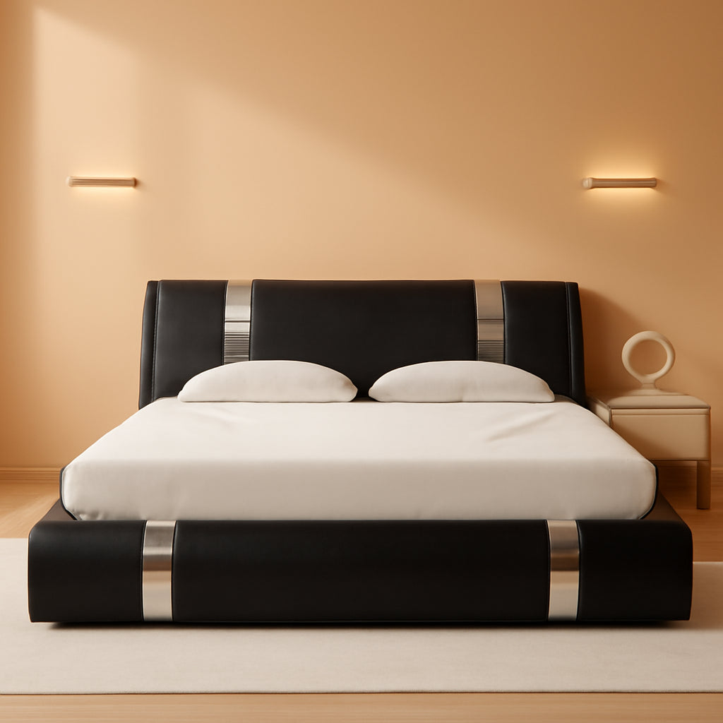 Black King Faux Leather Platform Bed Adjustable Headboard