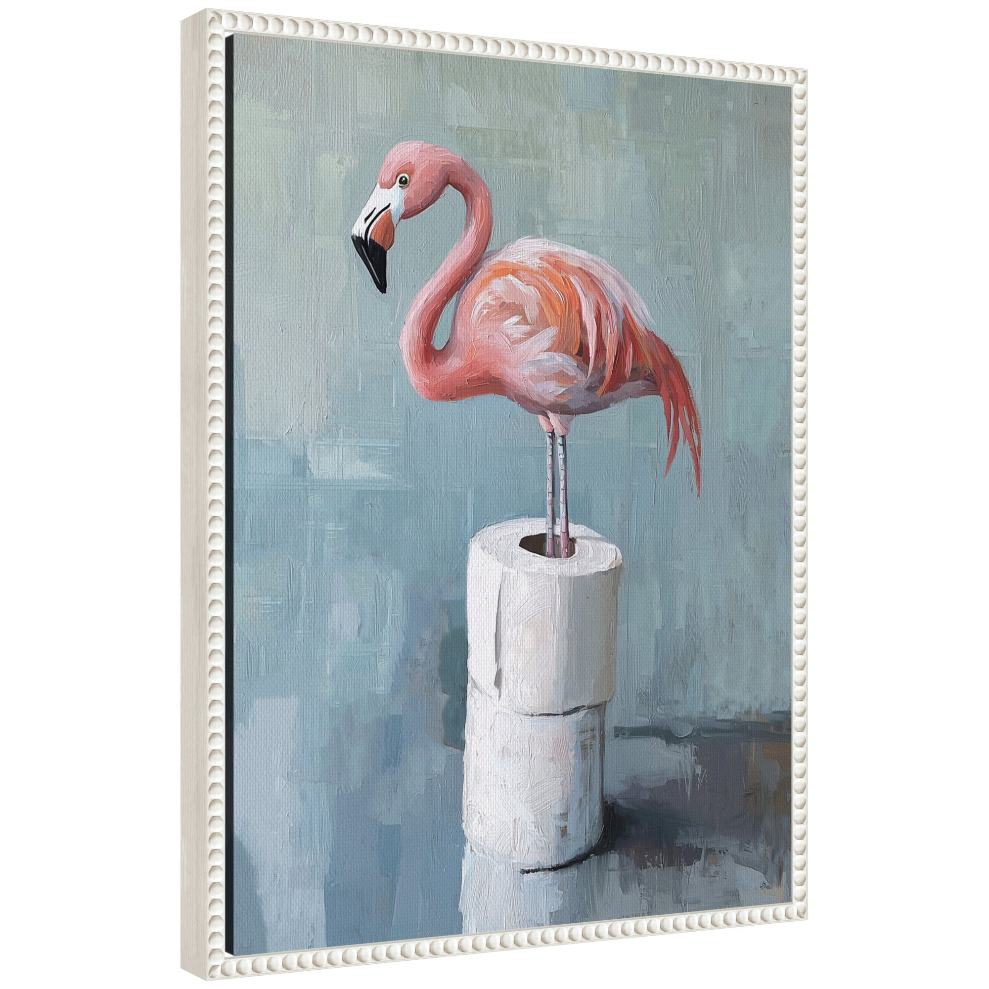 Sylvie Flamingo Standing with Toilet Paper Rolls Bathroom Art Framed Canvas by The Creative Bunch Studio