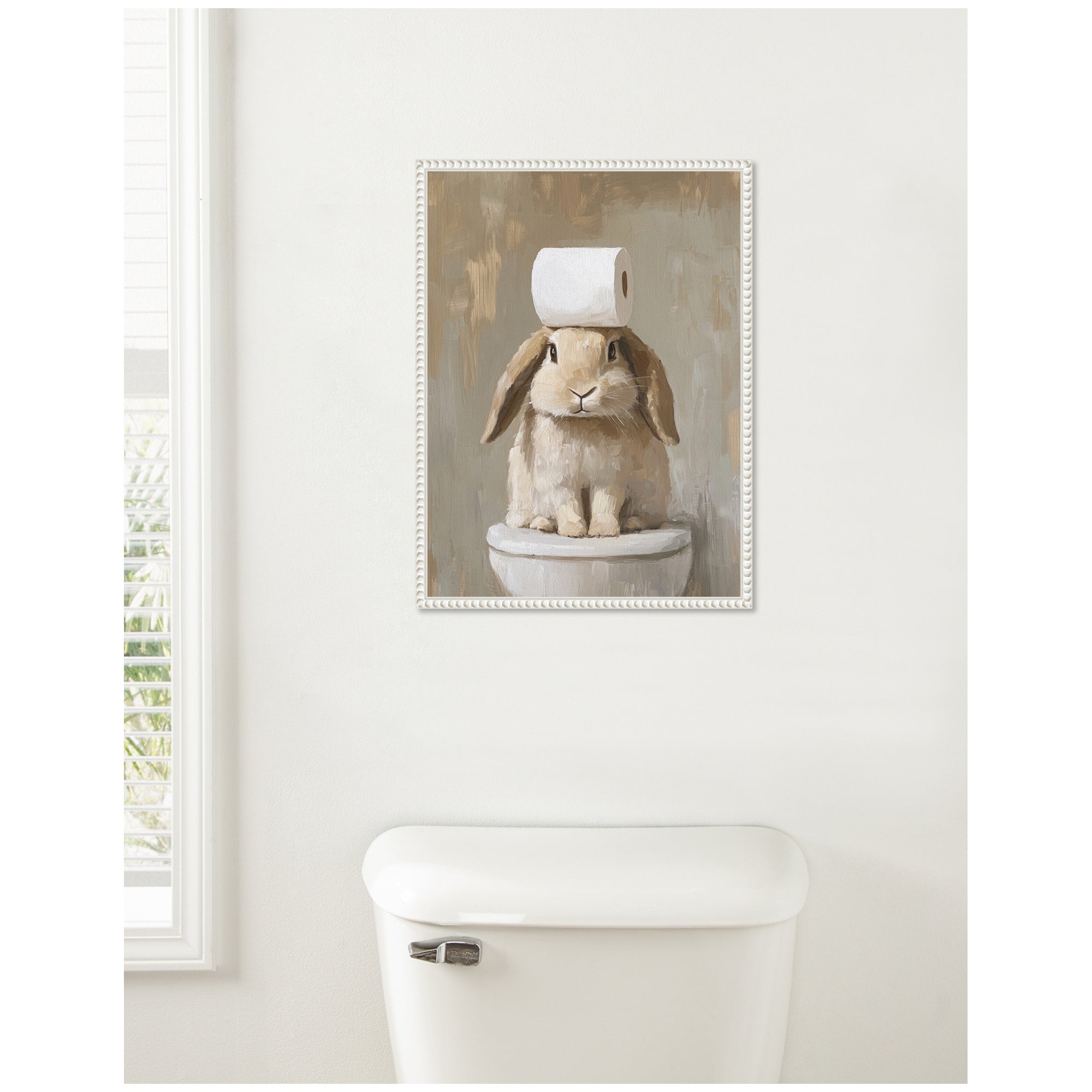 Sylvie Toilet Paper Roll on Cute Bunny Head Bathroom Art Framed Canvas by The Creative Bunch Studio