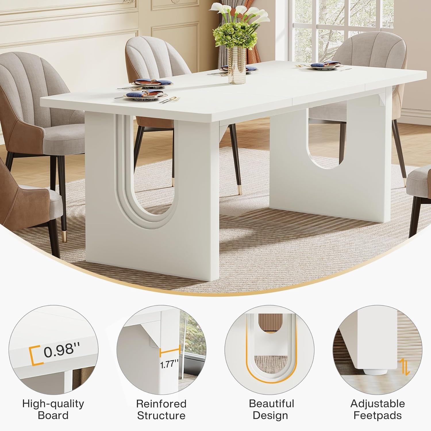 Modern White Dining Table 71 Inch With Wood Pedestal Base