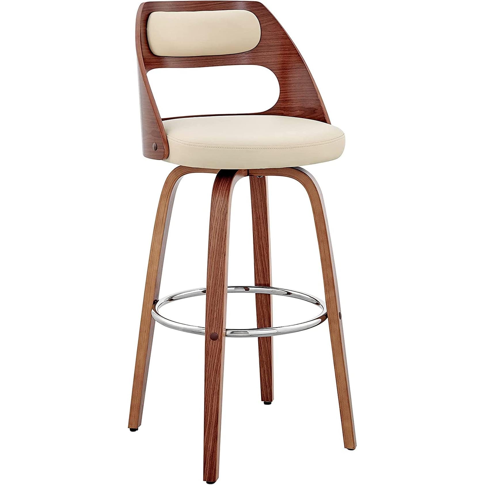 Cream Faux Leather Walnut Wood Bar Stool Swivel 360 Degree