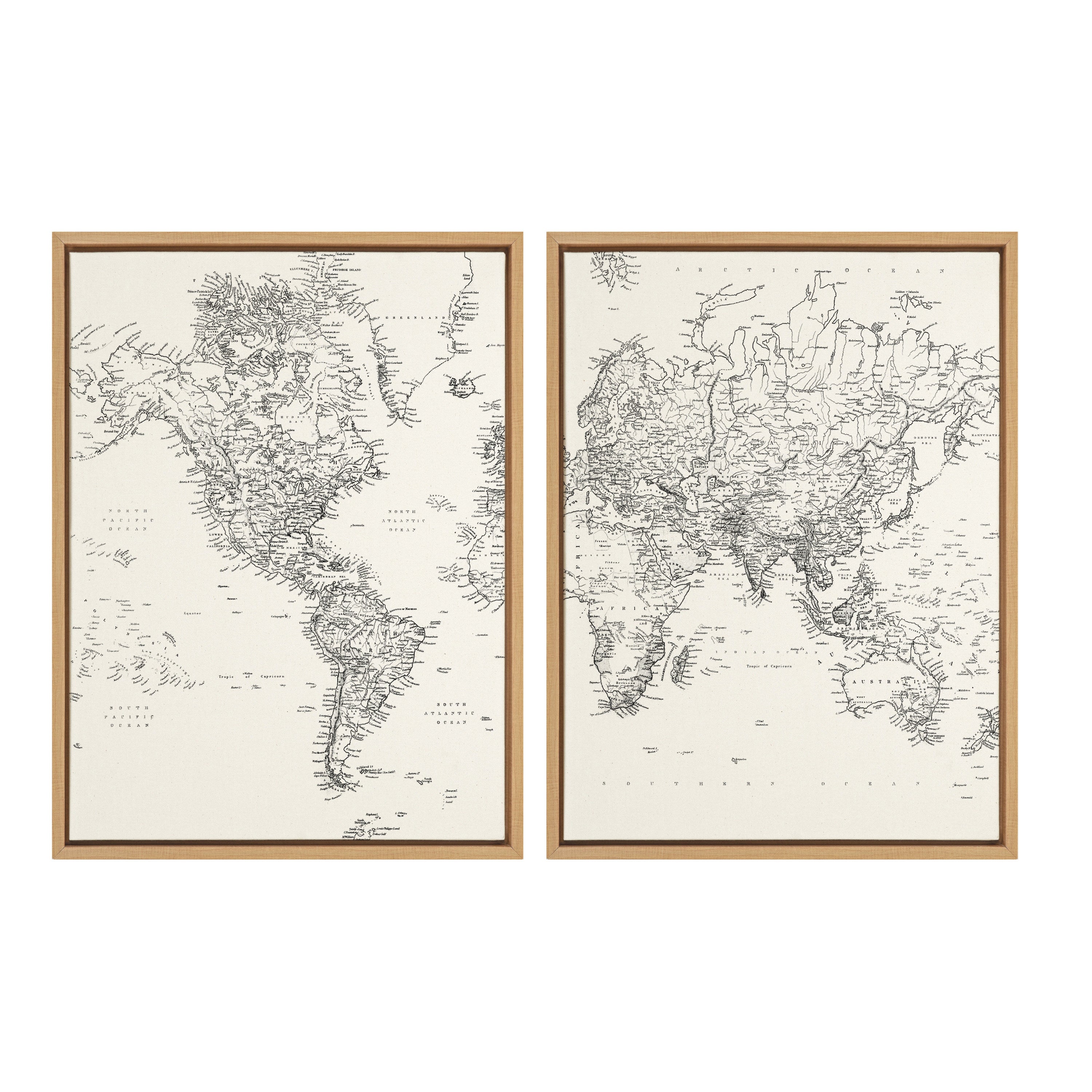 Sylvie Vintage Black and White World Map Framed Canvas Set by The Creative Bunch Studio