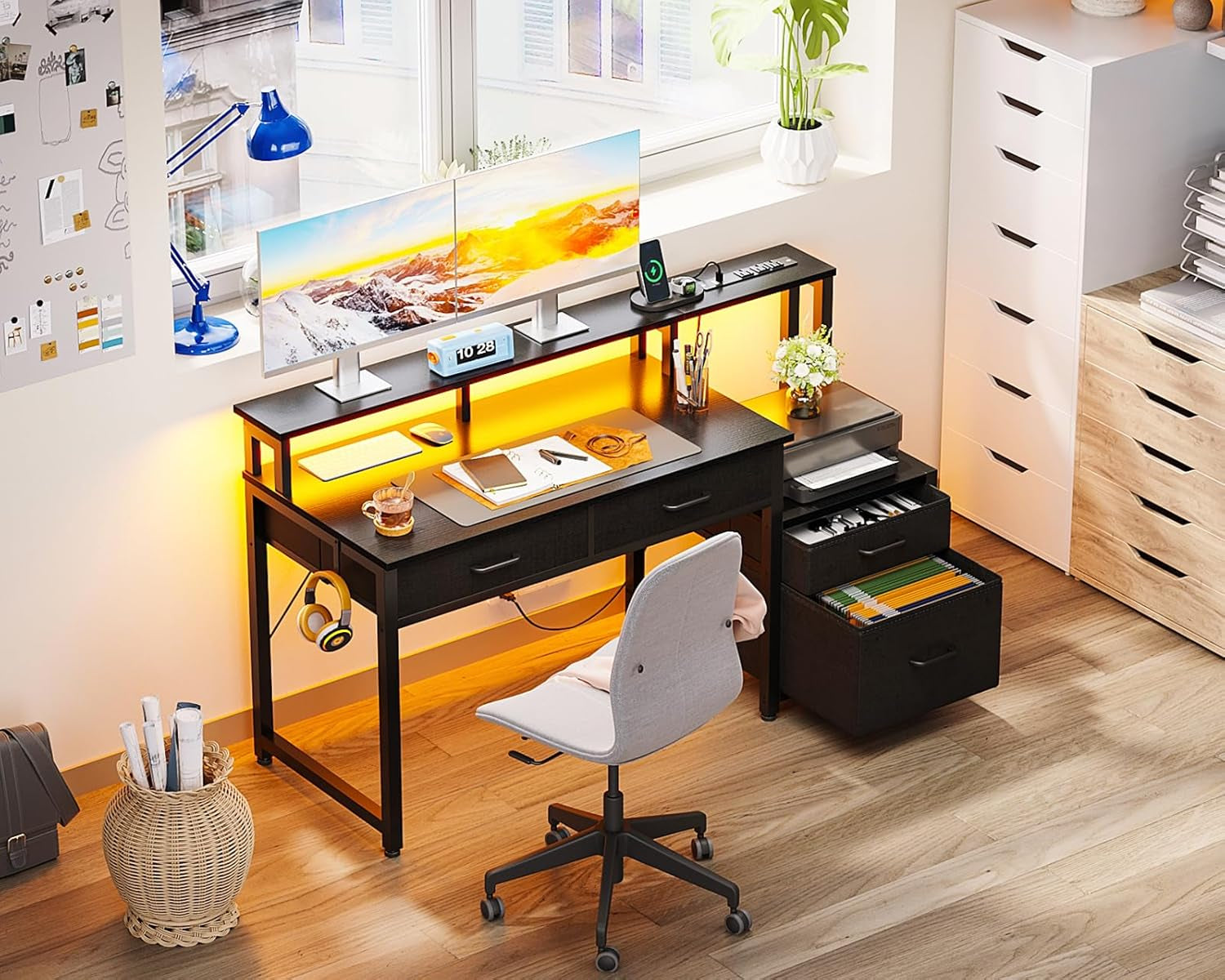 48-Inch Black Gaming Desk With LED Lights And Power Outlets