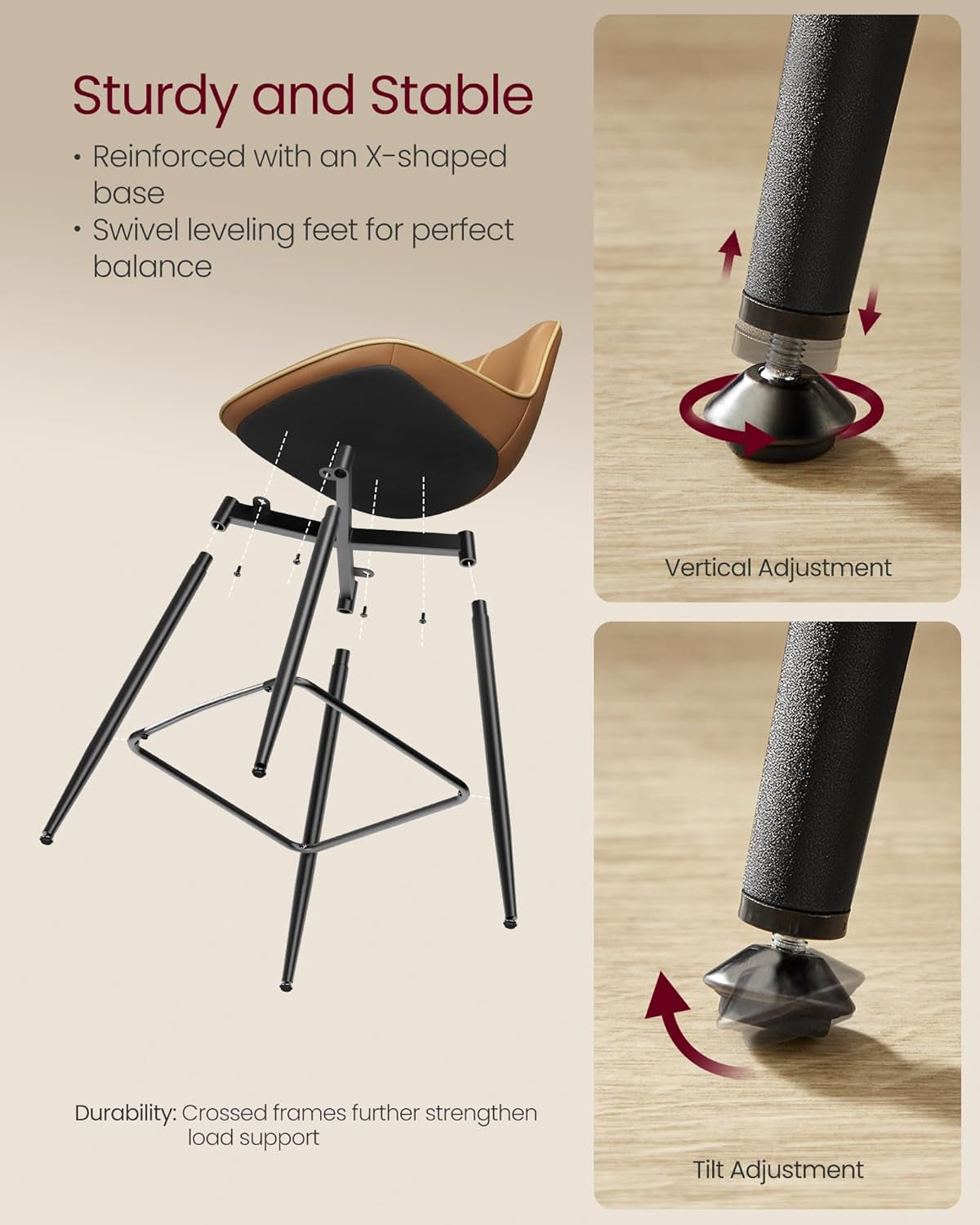 Bar Stool Set Of 2 Caramel Brown Ergonomic Backrest