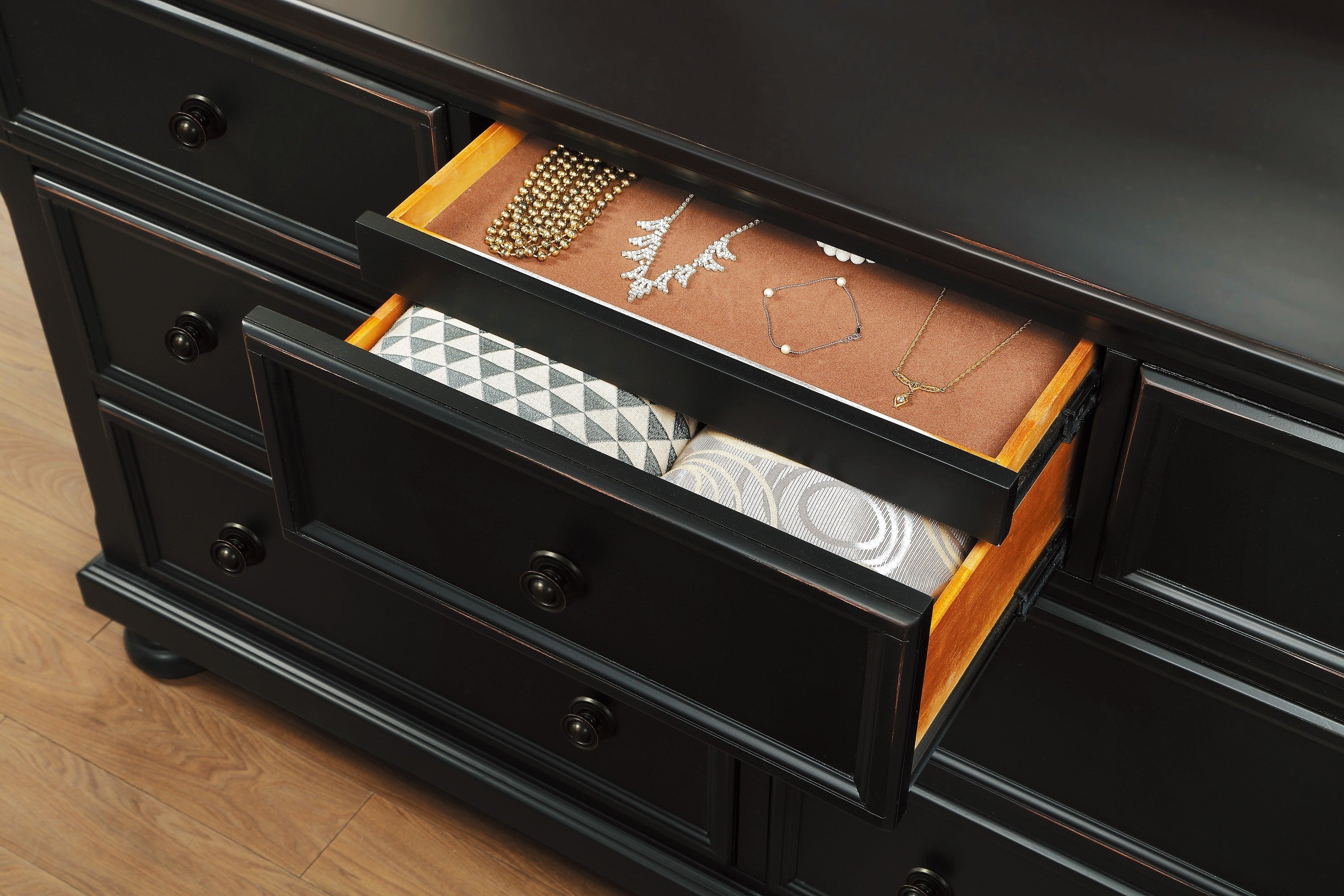 Transitional Black Dresser of 7 Drawers and Jewelry Tray-4