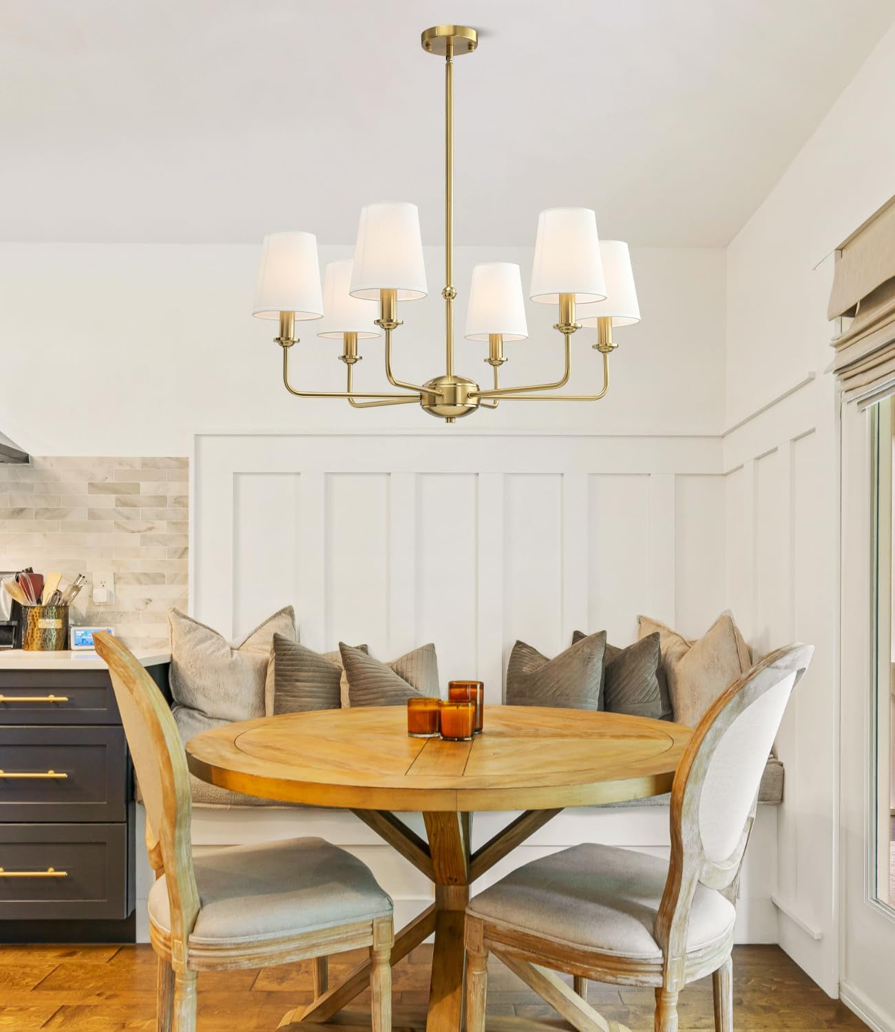 Six-Light Brushed Gold Pendant Chandelier Fabric Shades-1