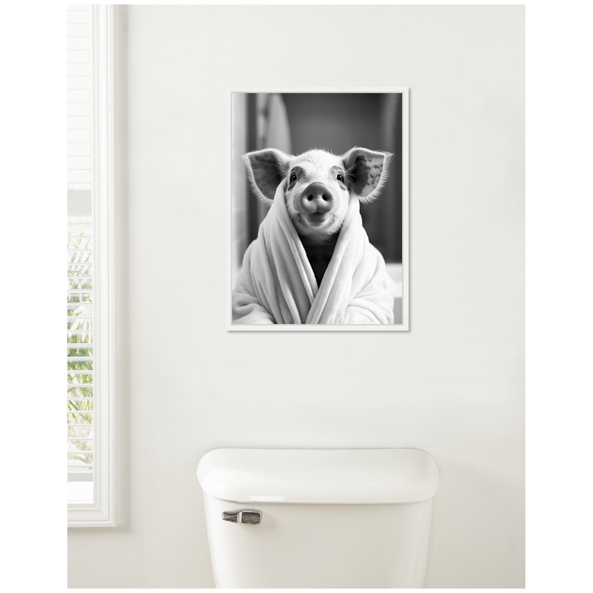 Sylvie Pig Bathroom Art Towel Robe Black and White Framed Canvas by The Creative Bunch Studio